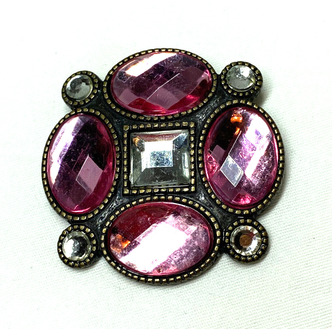 Antiqued Silver tone Pendant Brooch Pink Faceted Stones W/ Clear Simulated Gems