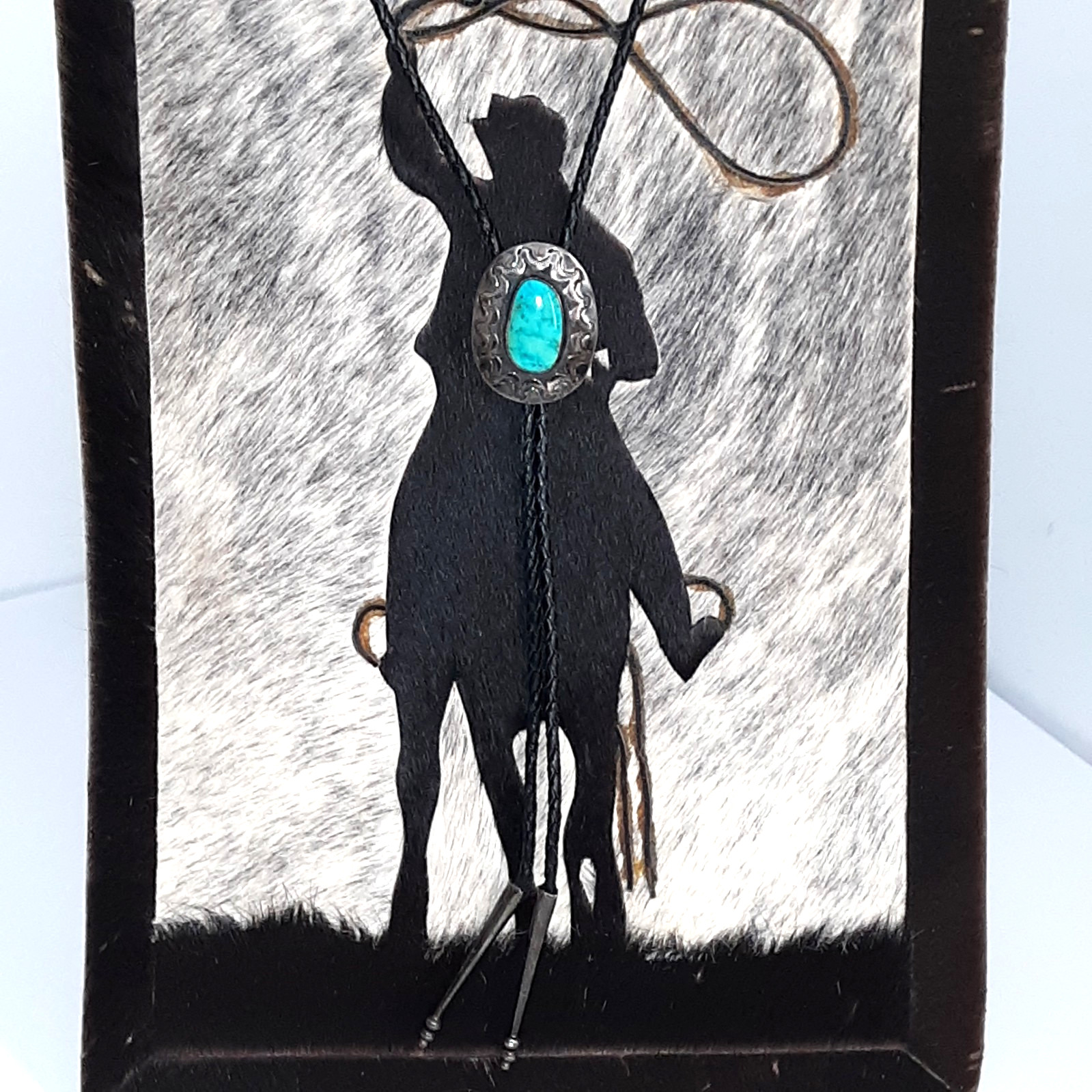 Vtg Bennett Pat Pend Bolo Tie Slide Turquoise Silver Black Leather Cord L 18″