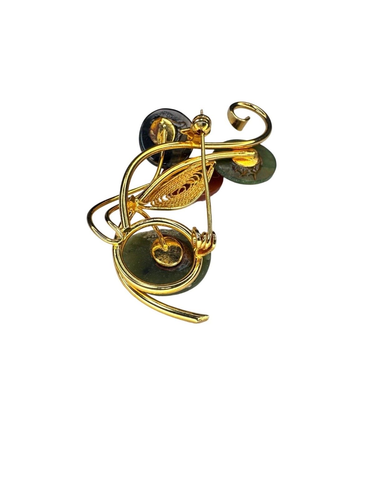 Gemstone Spray Brooch Jade Carnelian Tiger’s Eye Gold Tone Vintage