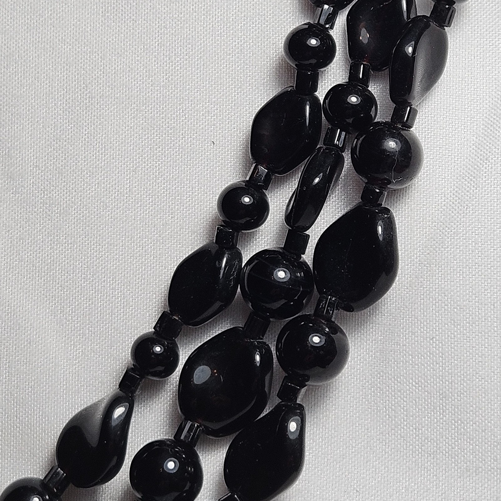 Japan Retro Vintage Necklace Black 3 Strand Glass Beads Metal Hook Clasp