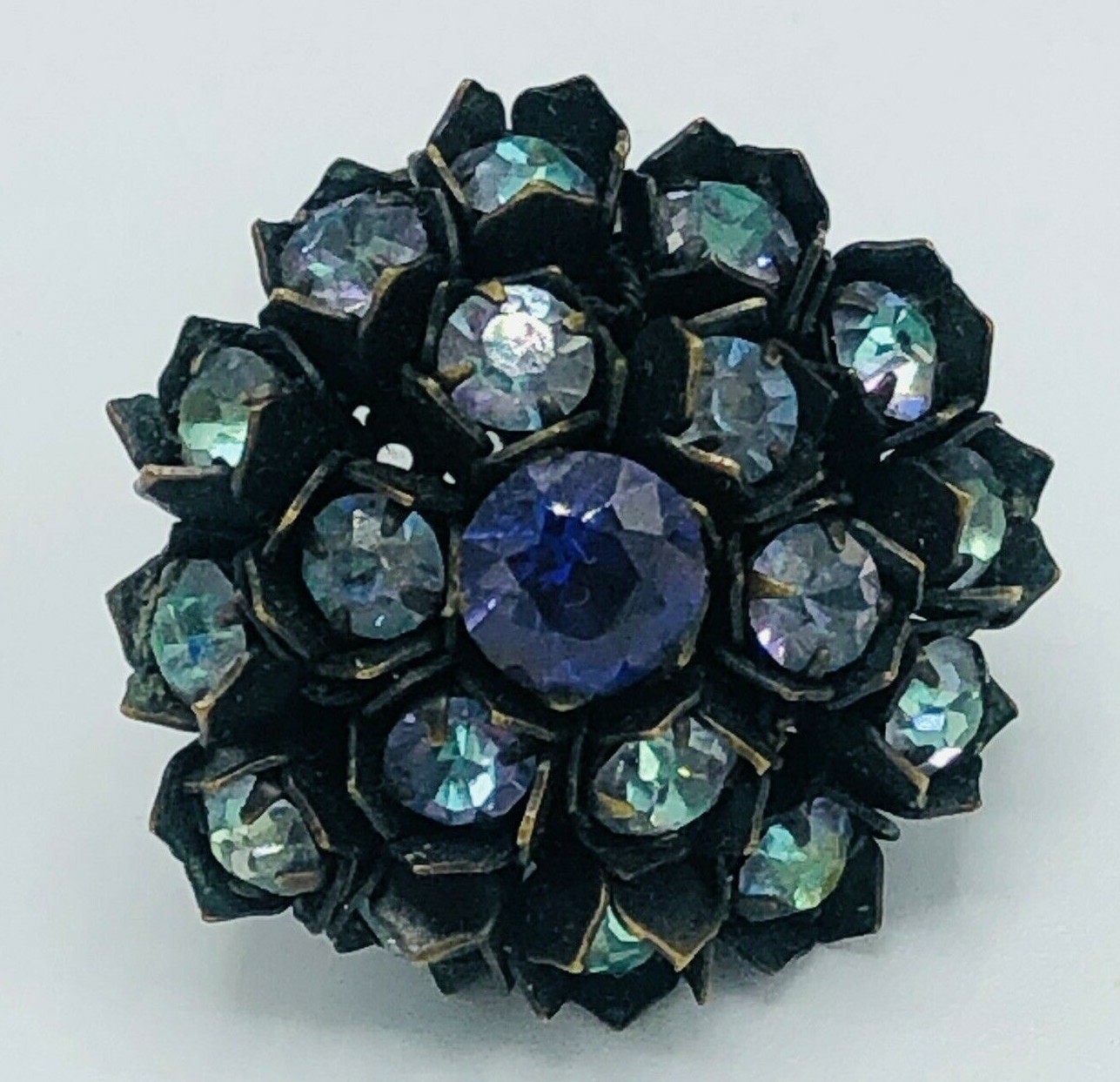 RARE MIRIAM HASKELL Signed Purple and Blue CRYSTAL FLOWER CLIP BACK EARRINGS