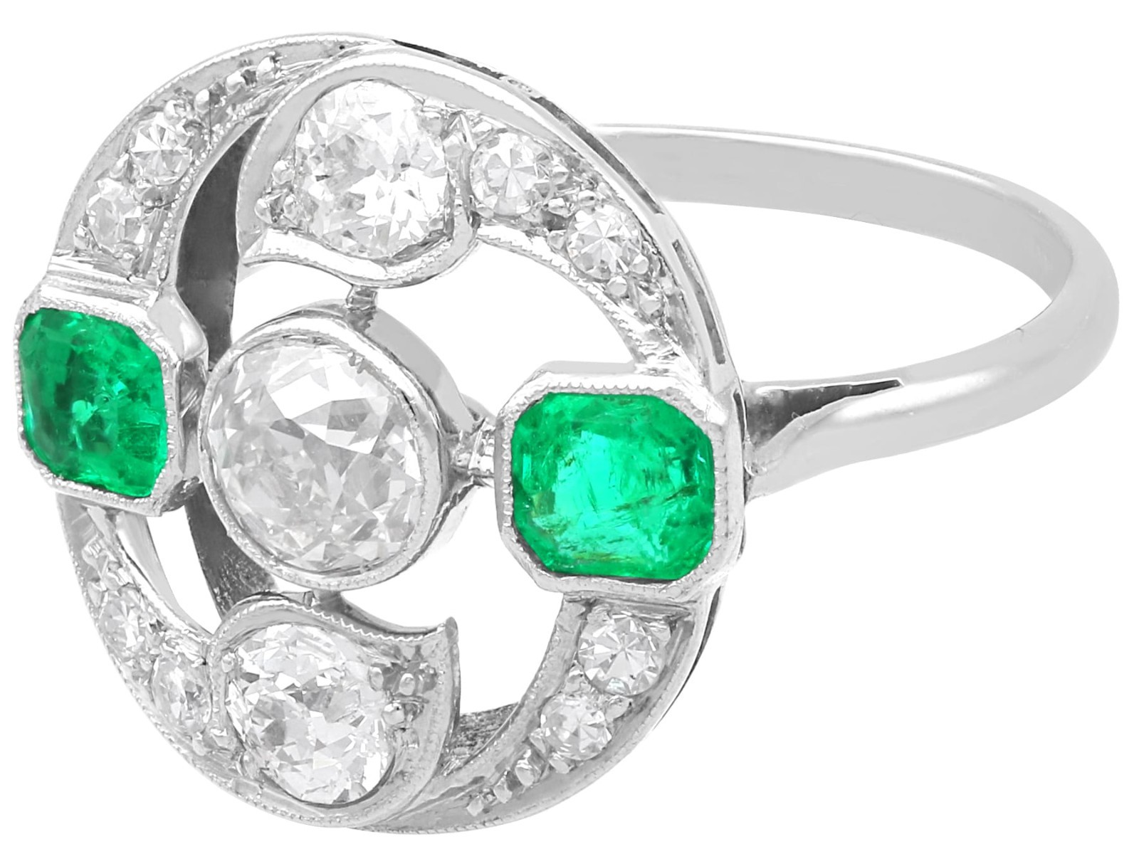 Antique 0.61Ct Emerald and 1.45Ct Diamond 18k White Gold Ring Circa 1920