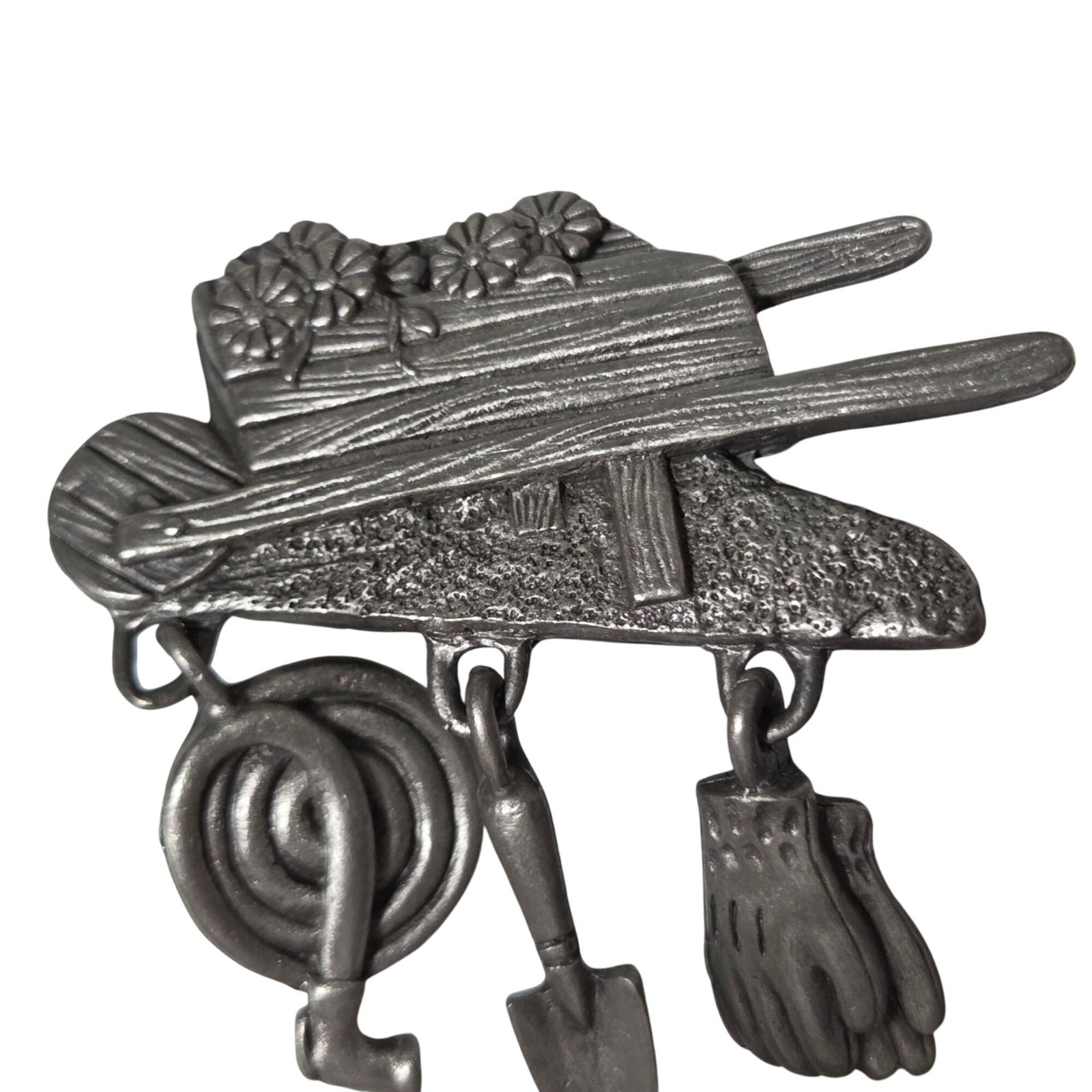 Vintage Pewter Garden Tools Brooch Shovel Hose Gloves Wheelbarrow Design USA