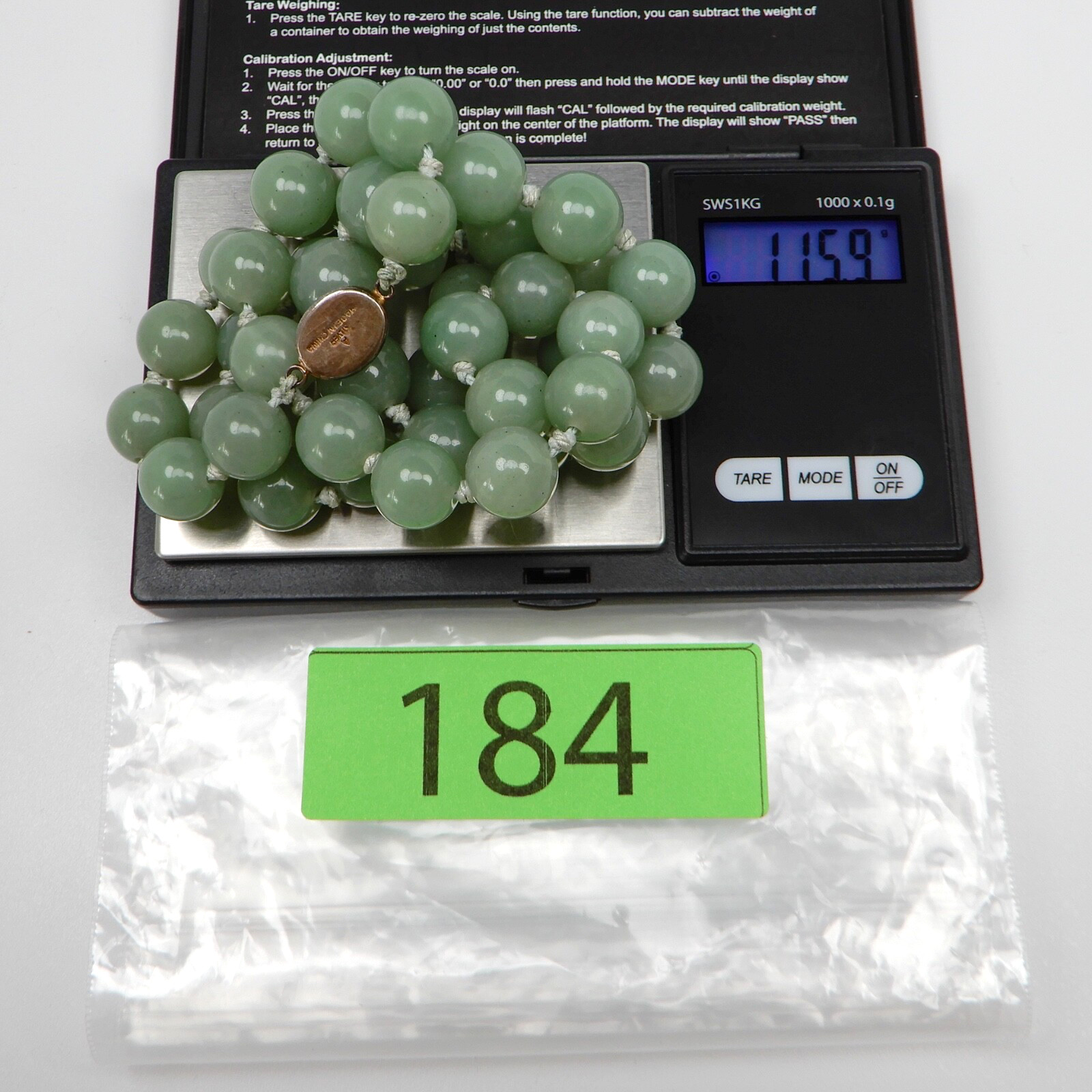 Vtg Green Jade Knotted 12mm Bead Necklace 24” .925 Silver Filigree Clasp 115 gr