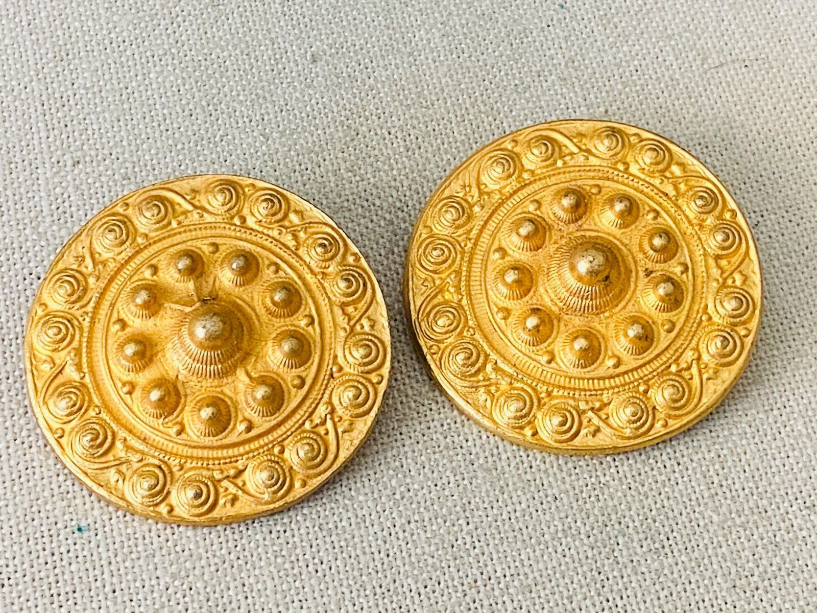 LARGE Vintage 1980s Signed Les Bernard Gold Tone ETRUSCAN Clip On Earrings