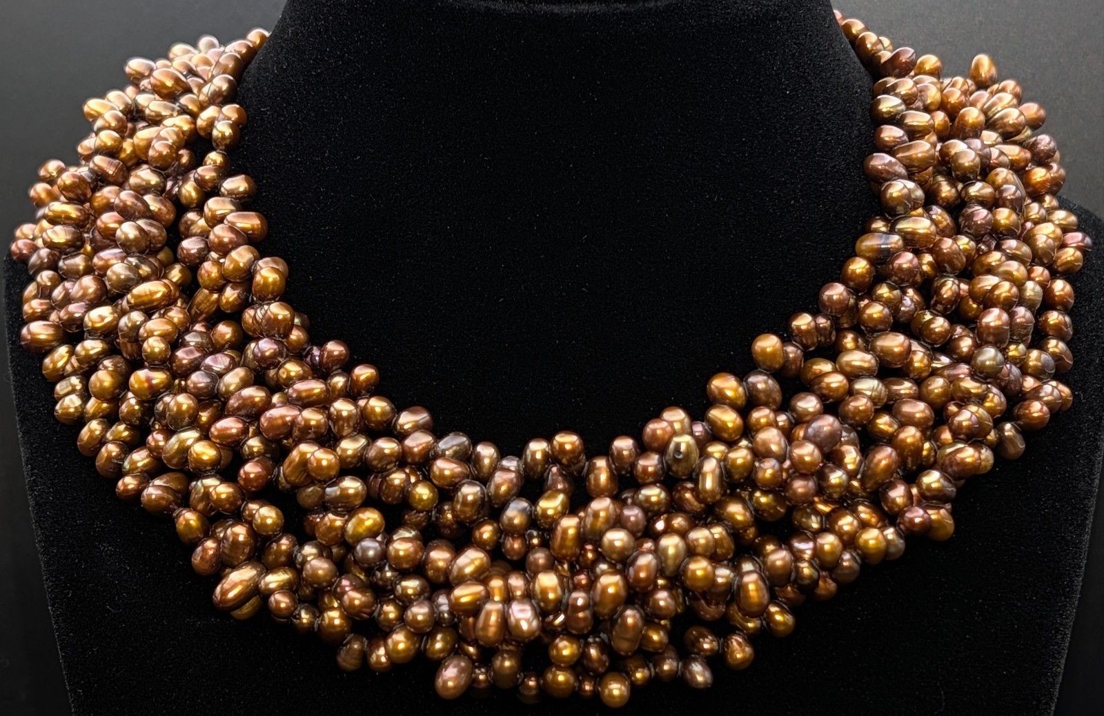 Multi Strand Bronze Freshwater Pearl Torsade Necklace 925 Silver