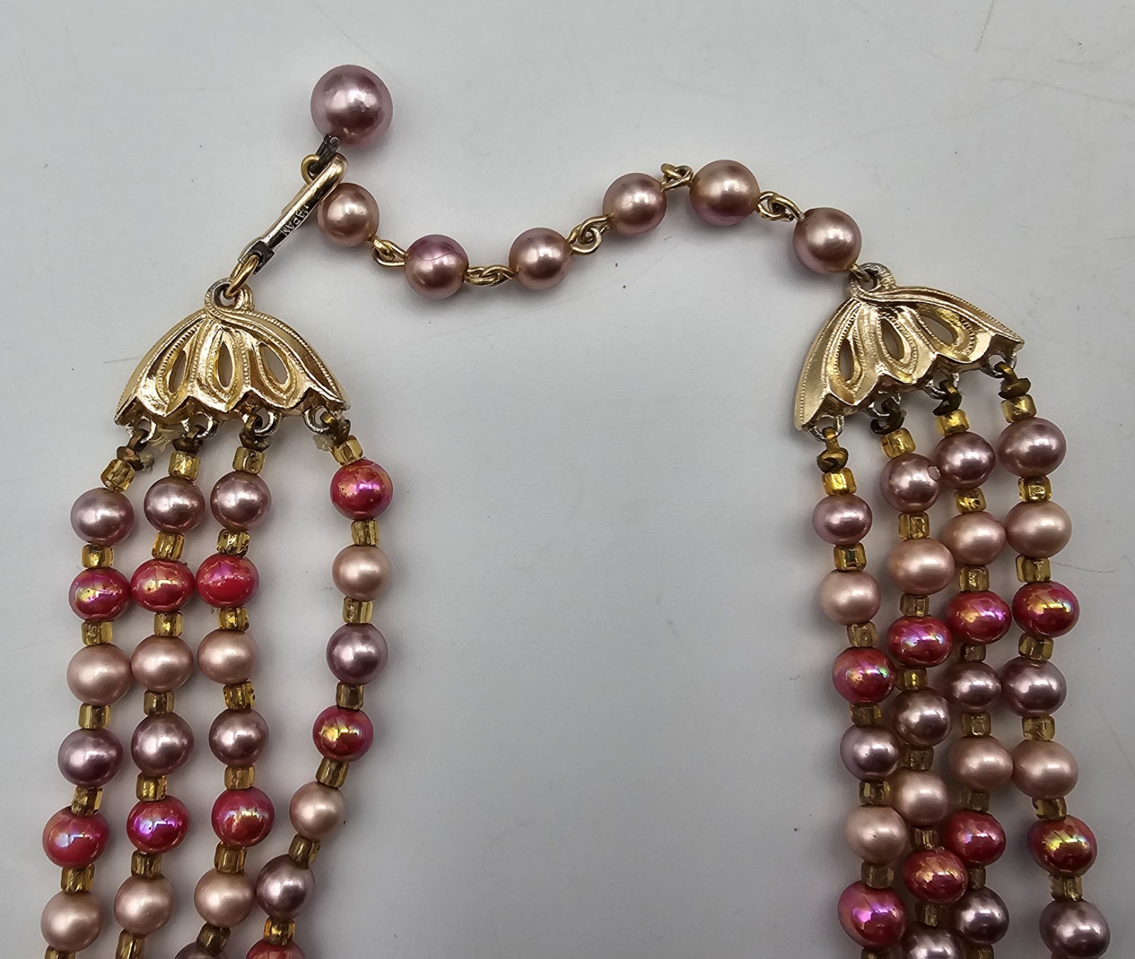 Vintage Multi-Strand Faux Pearl Necklace ~ Pinks & Purples Three Strand Japan