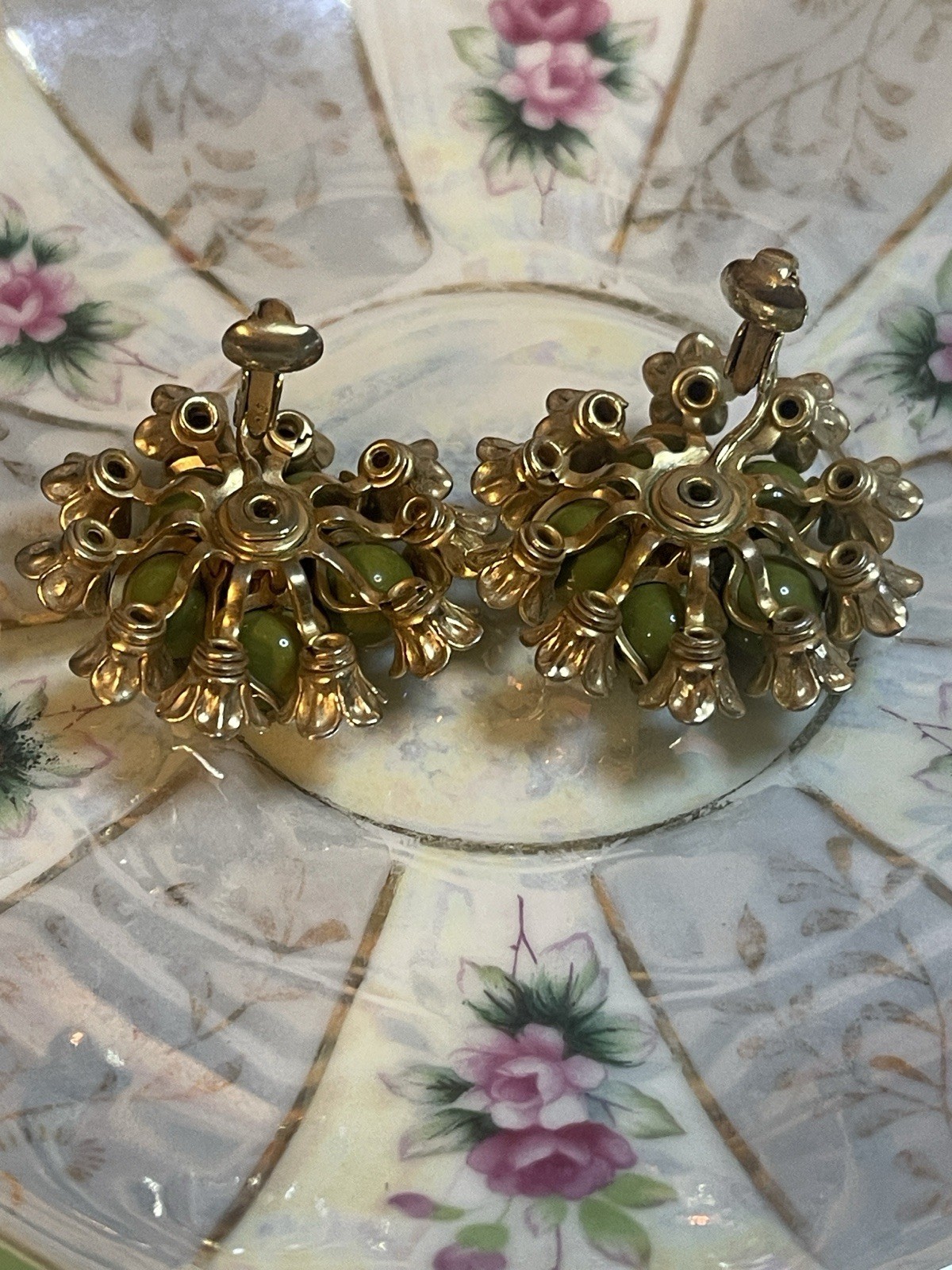 Vintage Olive Green Rhinestone Floral Motif Beaded Cluster Clip On Earrings