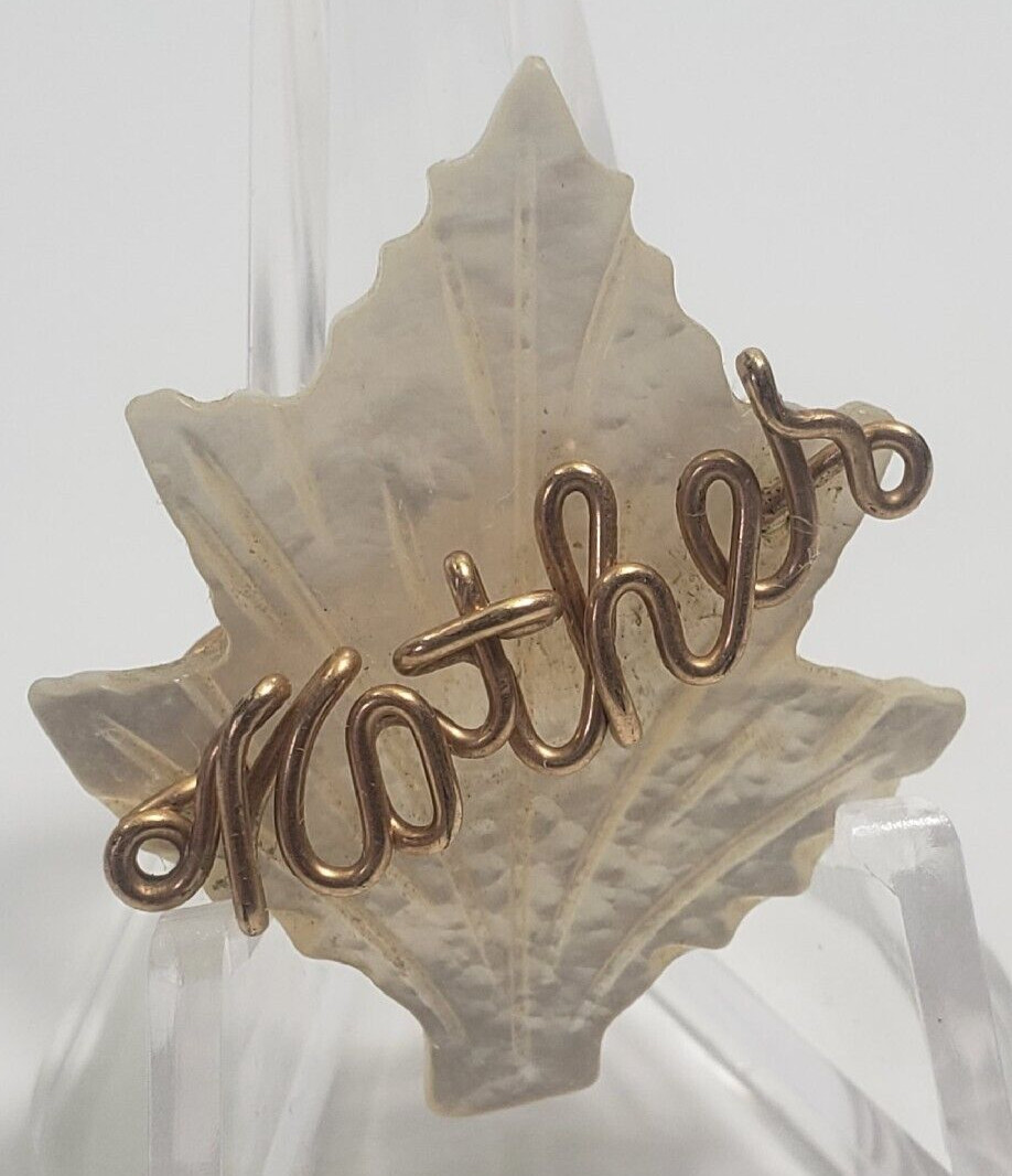 Vintage Mother of Pearl Leaf “Mother” Pin Brooch about 1″ Cursive Script Wire