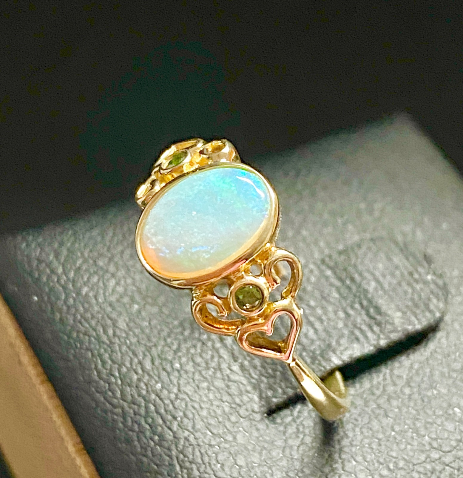 Vintage 14k Yellow Gold Heart Design Opal and Green Diamond Ring Size 7 to 7.25