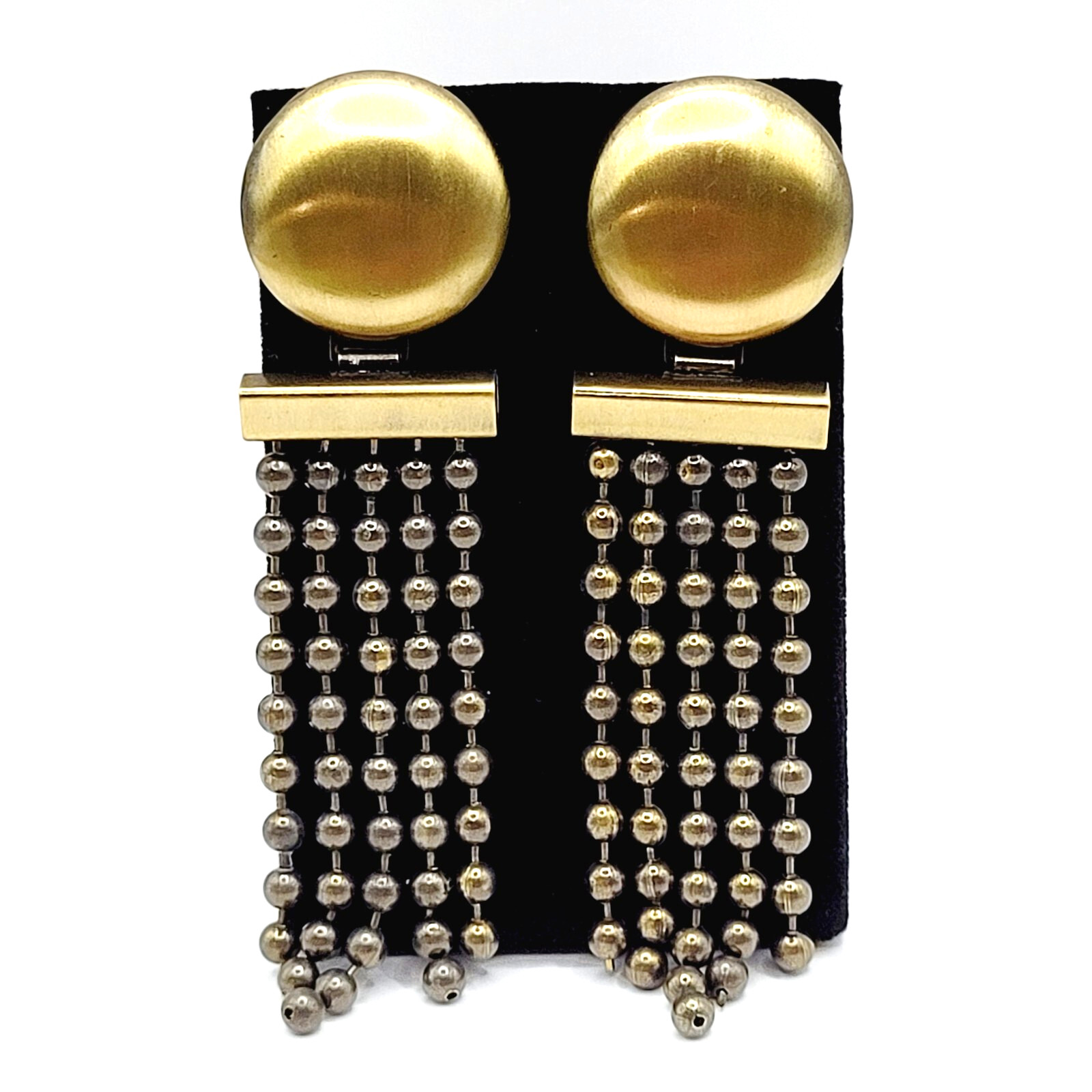 Ball & Chain Fringe Brutalist Runway Style Mixed Metal Tone Vtg Pierced Earrings