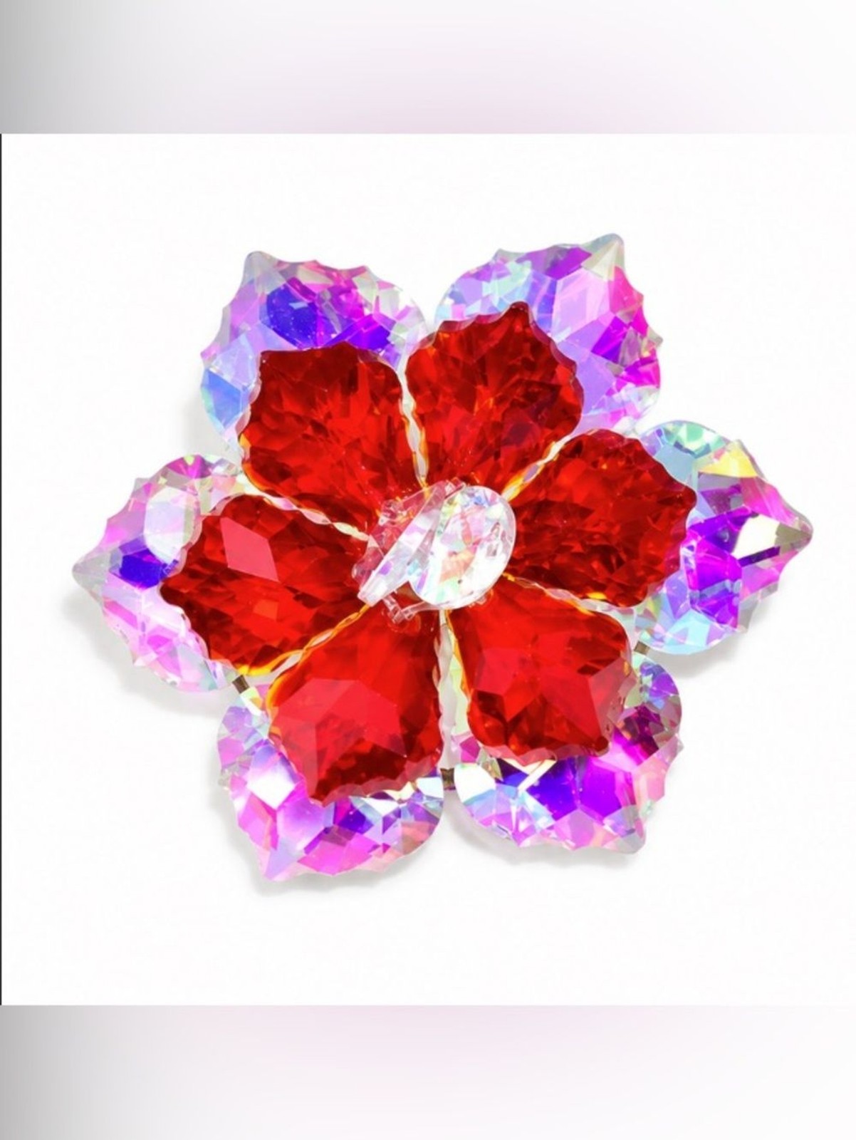 Red Crystal Flower Brooch Pin – Iridescent Rhinestone Floral Statement Jewelry