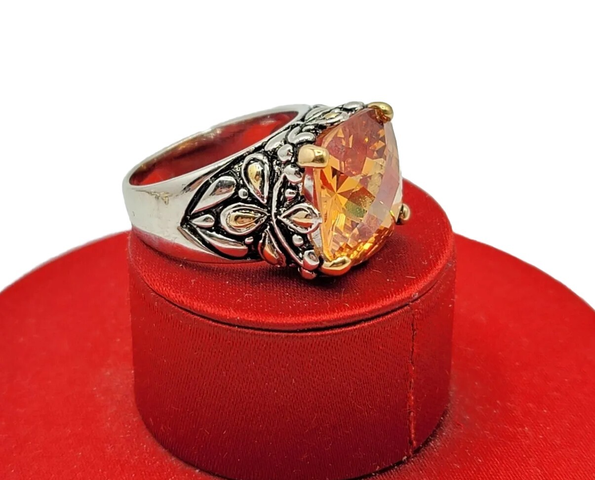 Vtg Sz 8 Ring Lg Citrine Topaz Cubic Zirconia Renaissance Flower Theme Jewelry