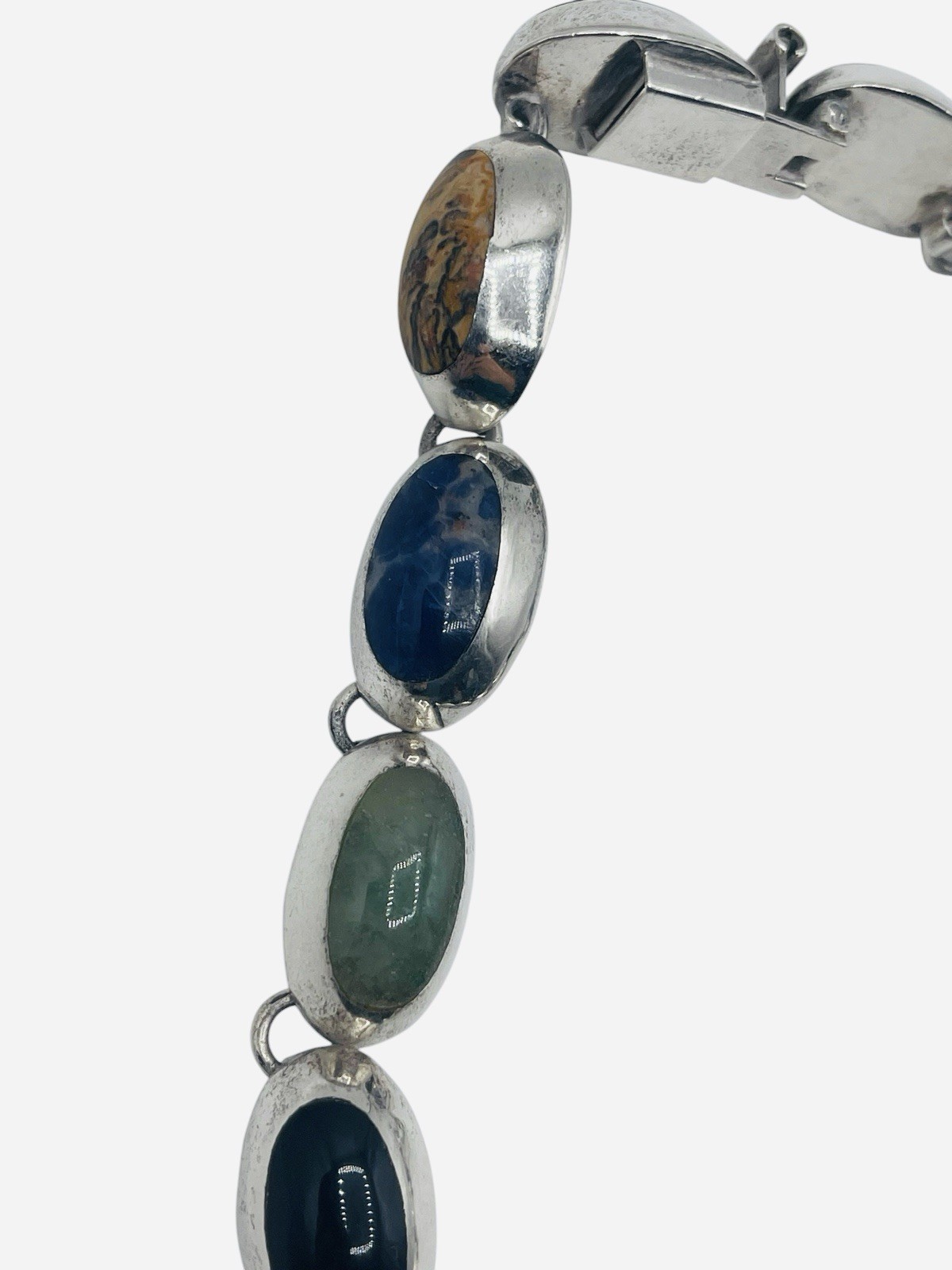 VTG Sterling Silver 925 TZ-17 Taxco Oval Multi Gem Stone Chunky Necklace Mexico