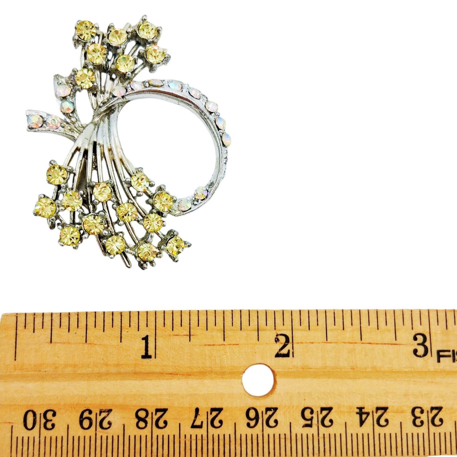 Vtg 50s Yellow Rhinestone Spray Brooch 2″ Circle Pin w AB Ribbon Accent