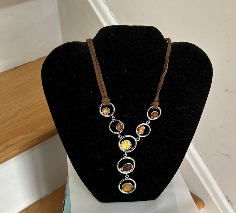 Signed Lia Sophia Necklace w/ Leather Cord Brown Yellow Multifaceted 15in” E14