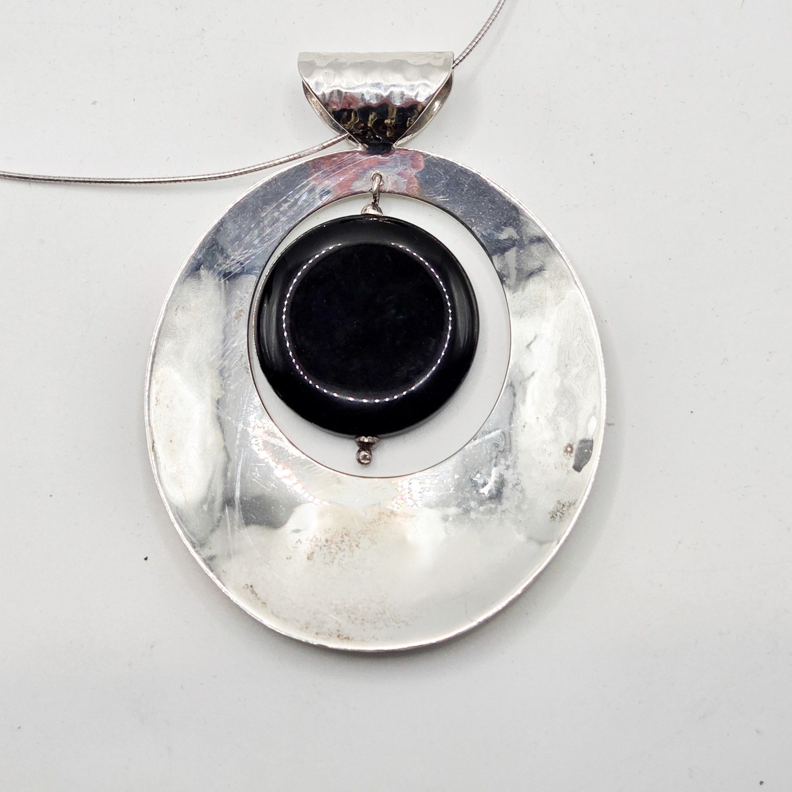 Large Dominique Dinouart 925 Silver Pendant Hammered Onyx Dangle Accent Vintage