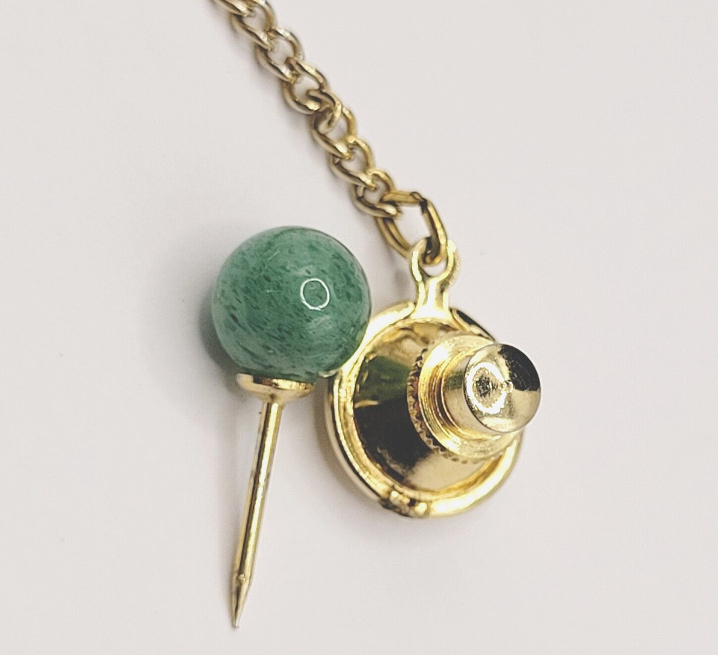 Jade Round Ball Polished Stone Gold Tone Vintage Tie Tack Pin with Chain