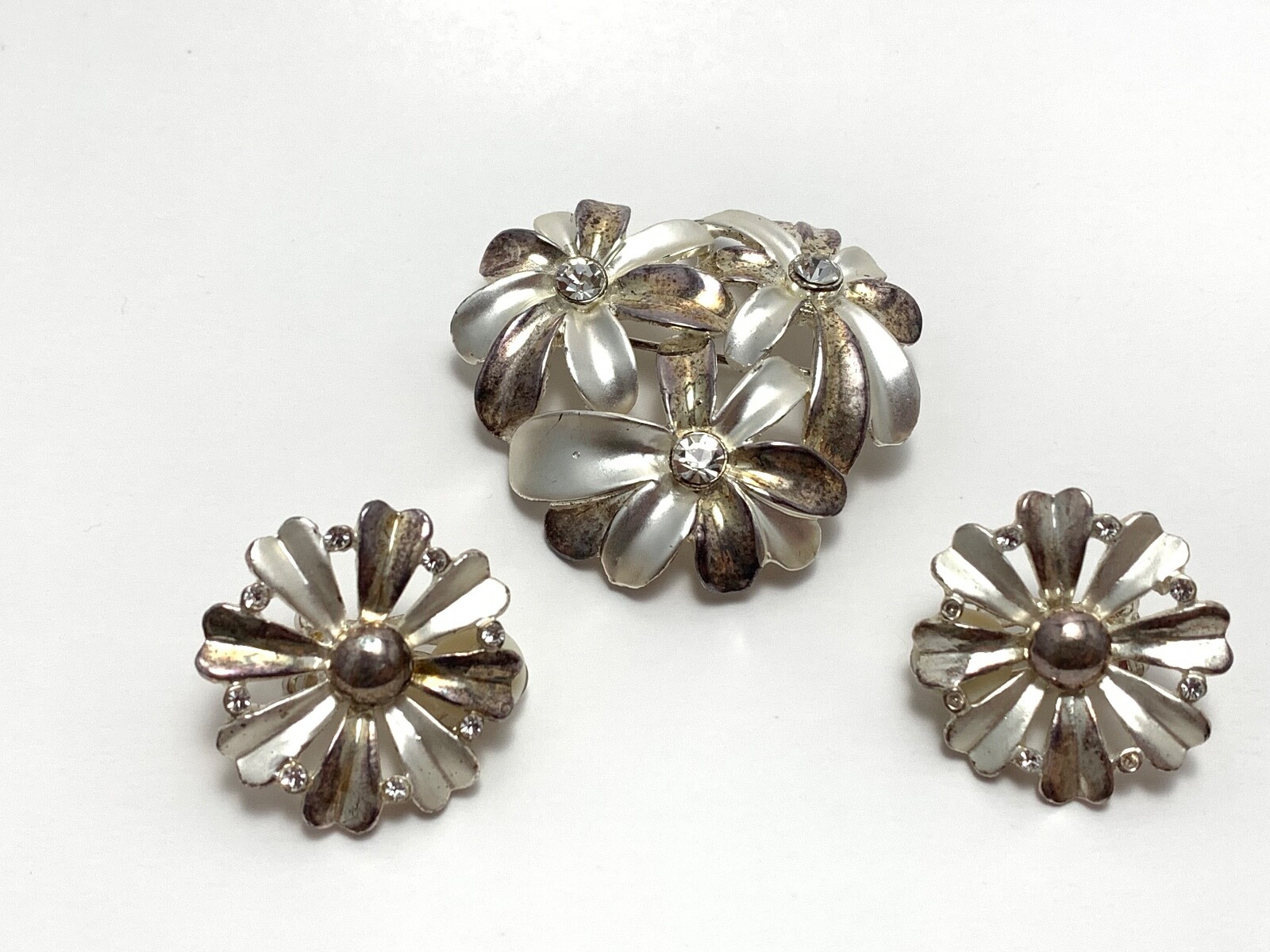 Vintage Silver Tone with White Stone Floral Brooch with Matching Clip Earrings