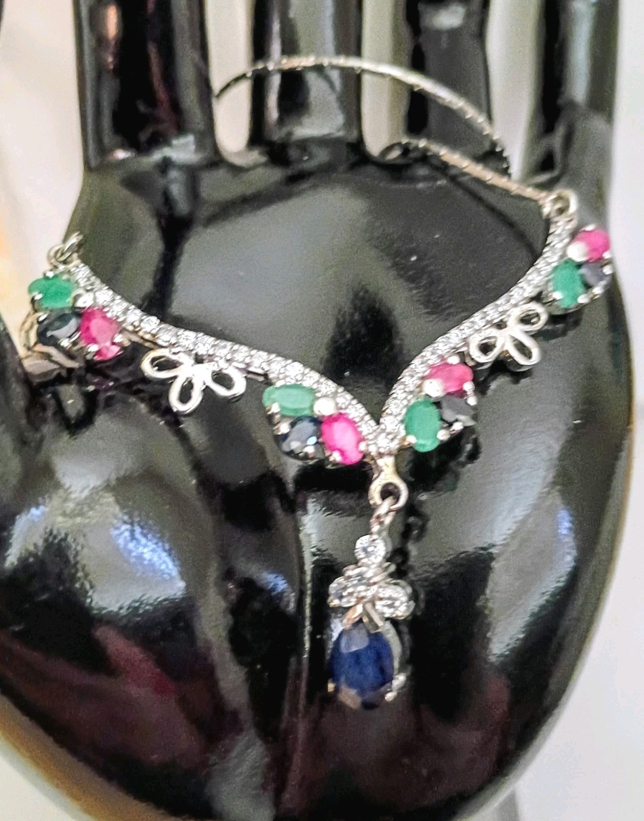 Vintage Silver 925 Sapphire Emerald Ruby Drop CZ Statement Necklace 18″