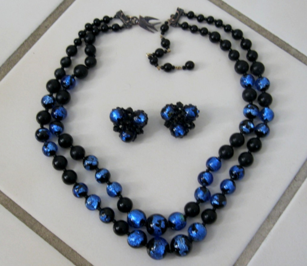 Josef Morton Blue, Black Art Glass Beads 2 Strands Necklace & Clip Earrings Set