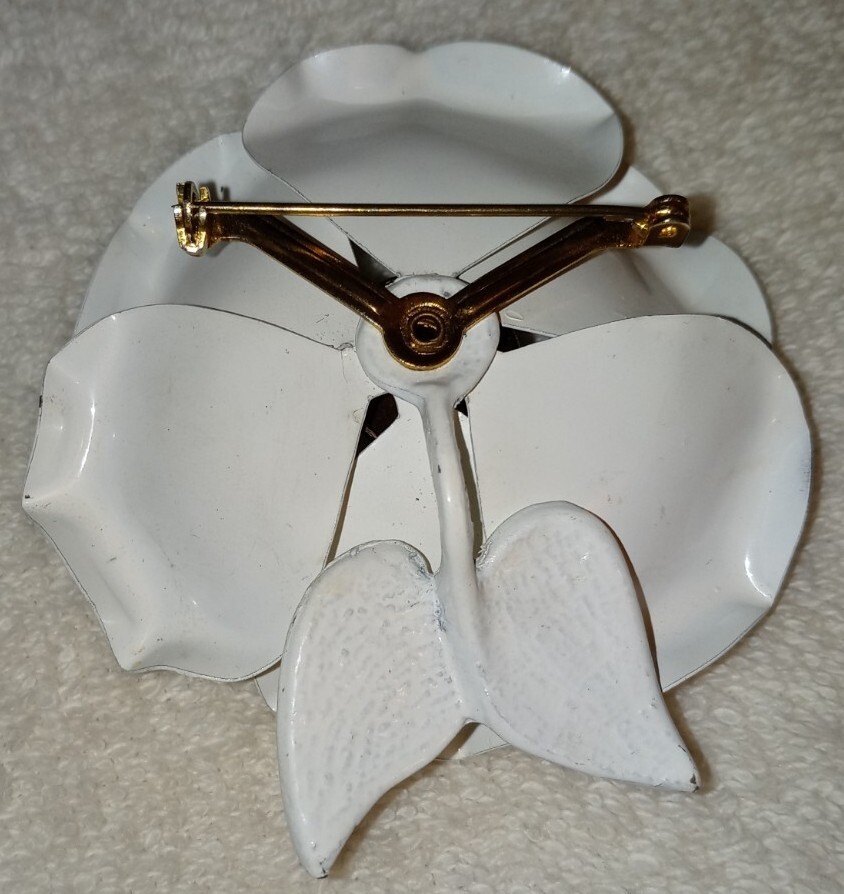 Enamel Brooch Vtg 60s Huge Pop Art White Black Polka Dots Flower Rockabilly Pin