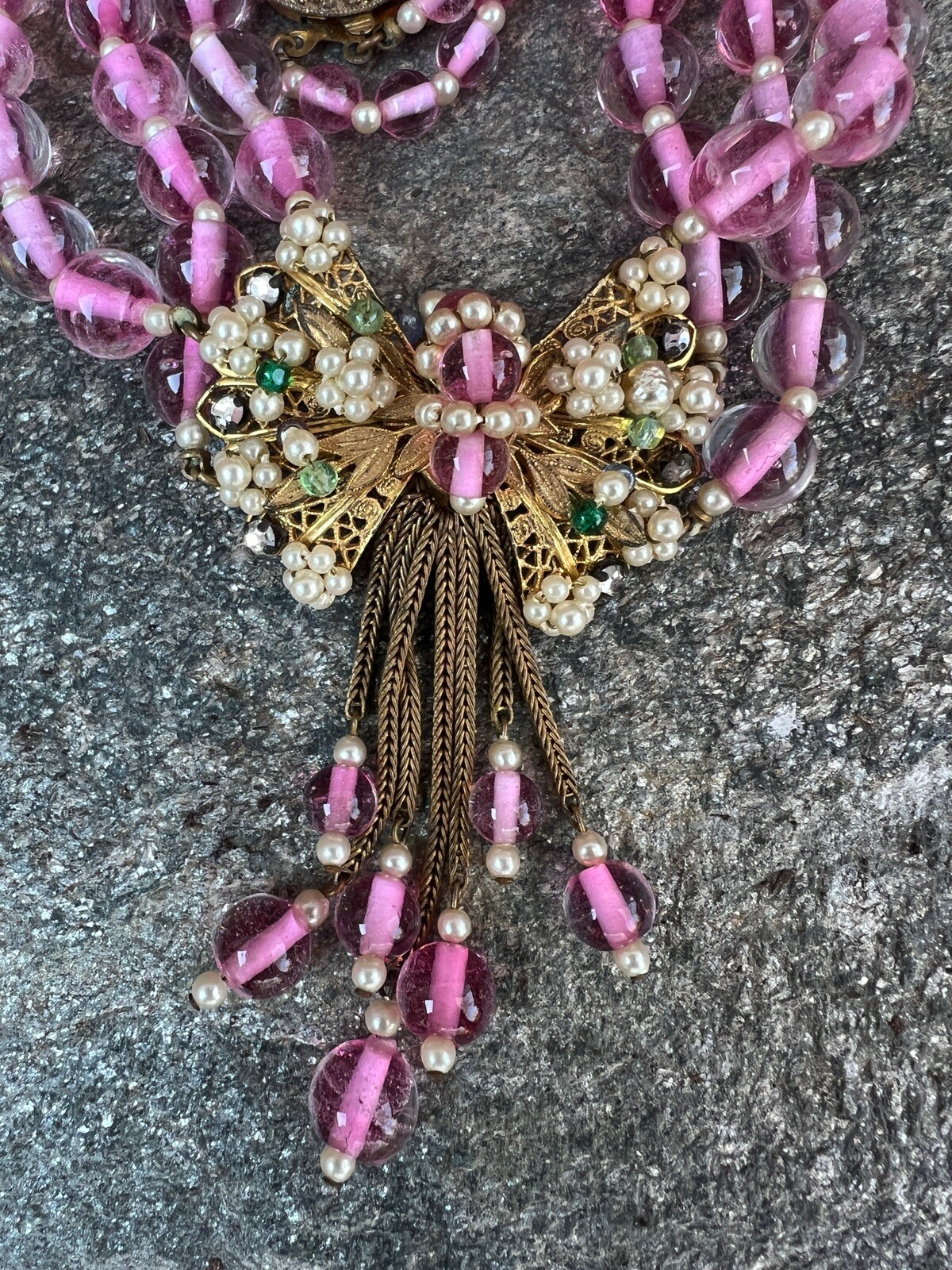 Early Miriam Haskell 3 Strand Pink Glass Festoon Necklace Faux Pearl Rose Monteé