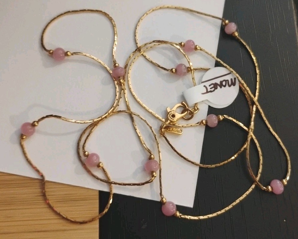 Vintage MONET Gold Tone Dainty Pink Stone (Quartz?) Station 20″ Long Necklace!