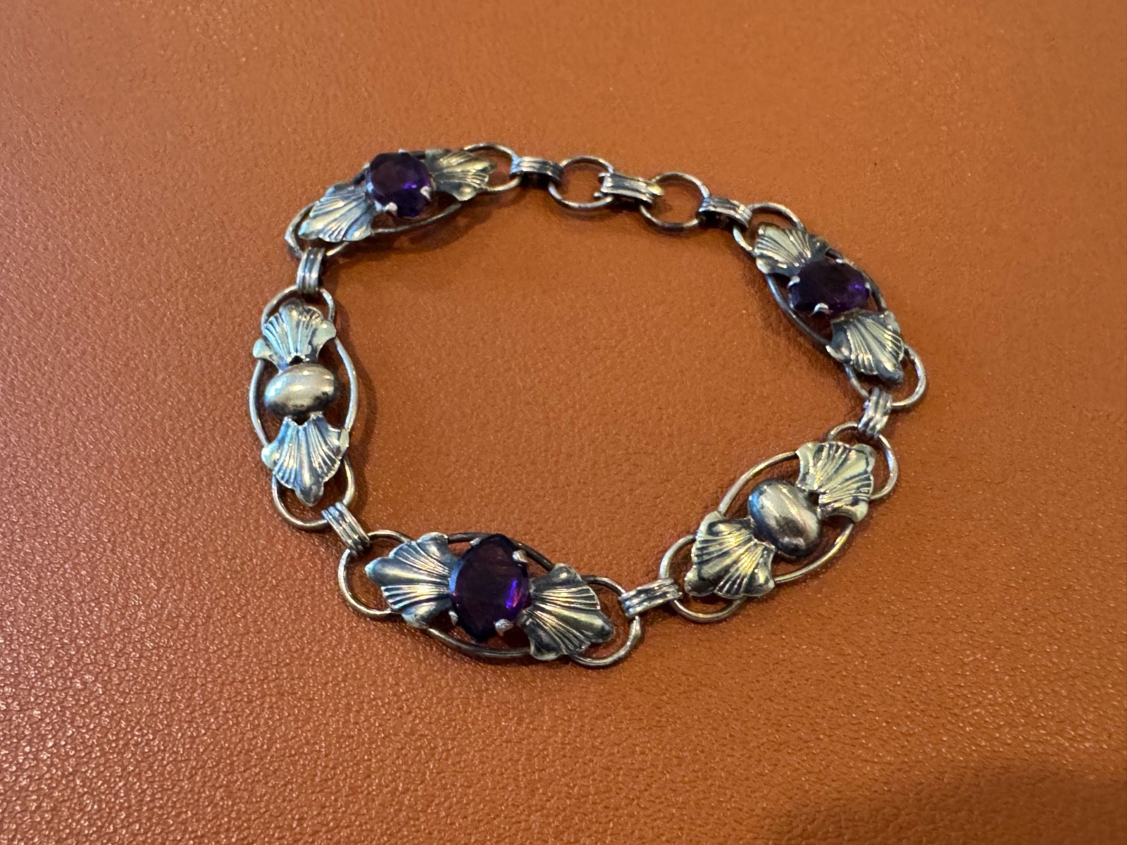 Vtg Antique Gold on Sterling Silver Bracelet w/ Faceted Purple Glass or Stones