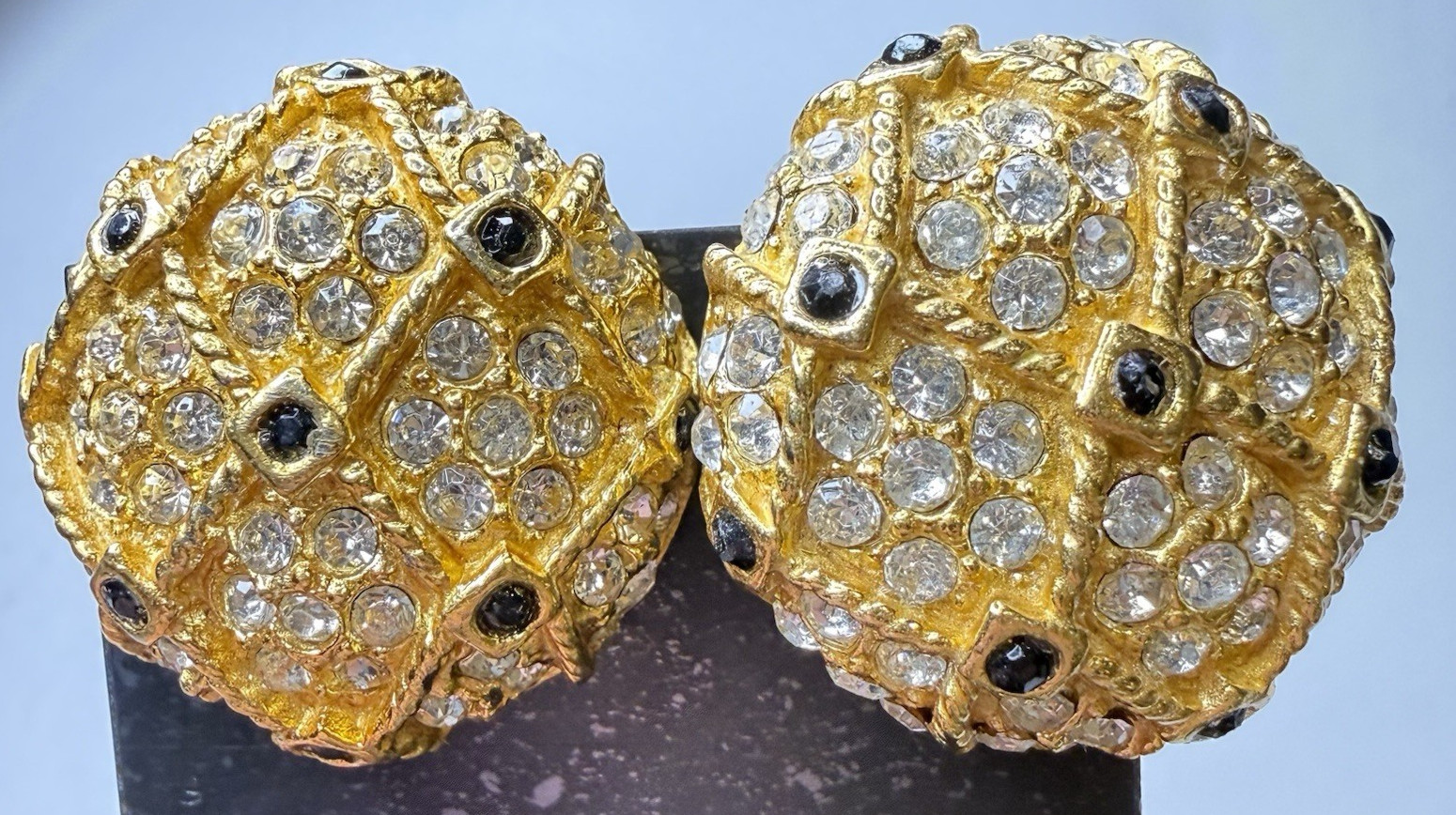 Gay Boyer Signed Vintage Gold tone Rhinestone Clip on Statement earrings