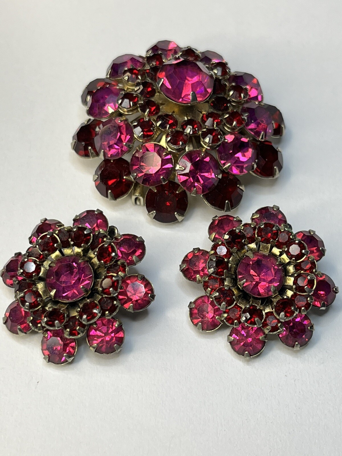 Vintage Rhinestone Dome Brooch Crystal Fuchsia Pink Red Garnet Layered Earrings
