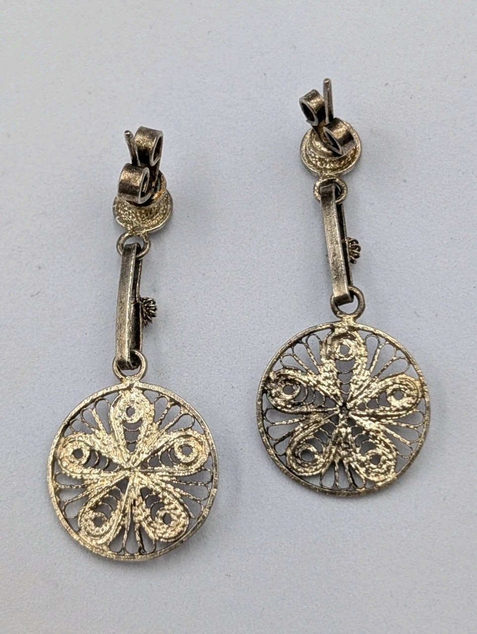 Vtg Sterling Silver Filigree Cannetille Flower Round Stud Dangle 925 Earrings 3g