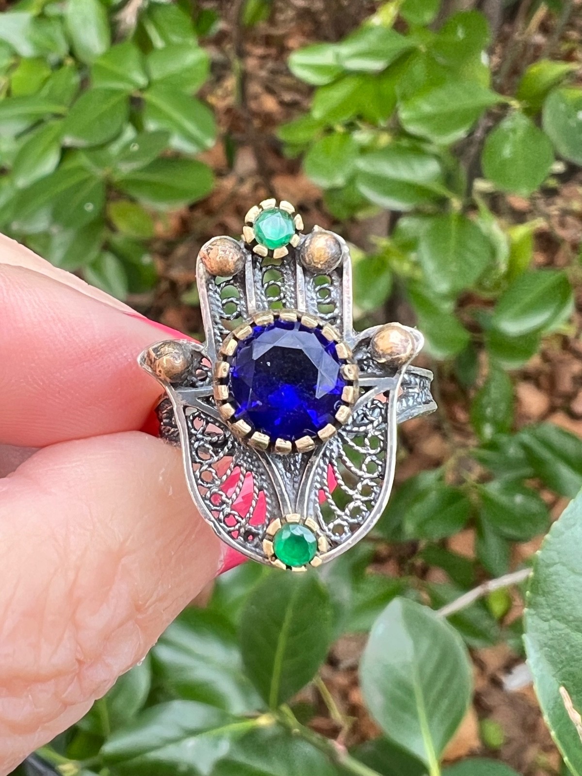 VINTAGE HAMSA VIVID BLUE GREEN PASTE GLASS STONES 925 STERLING SILVER UNIQUE
