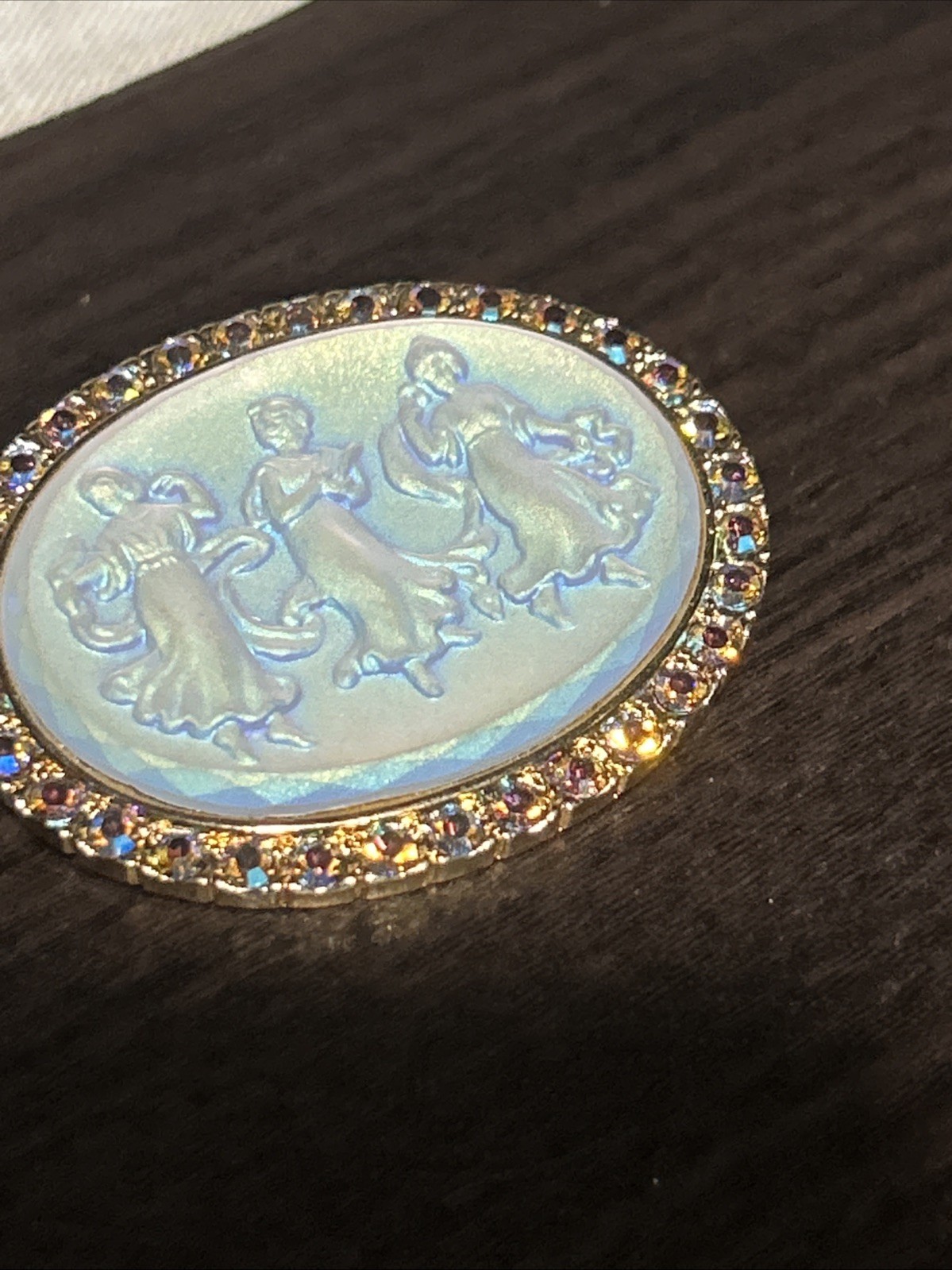 Vintage Kirk’s Folly Camphor Iridescent Glass 3 Dancing Maidens Brooch AB Stones