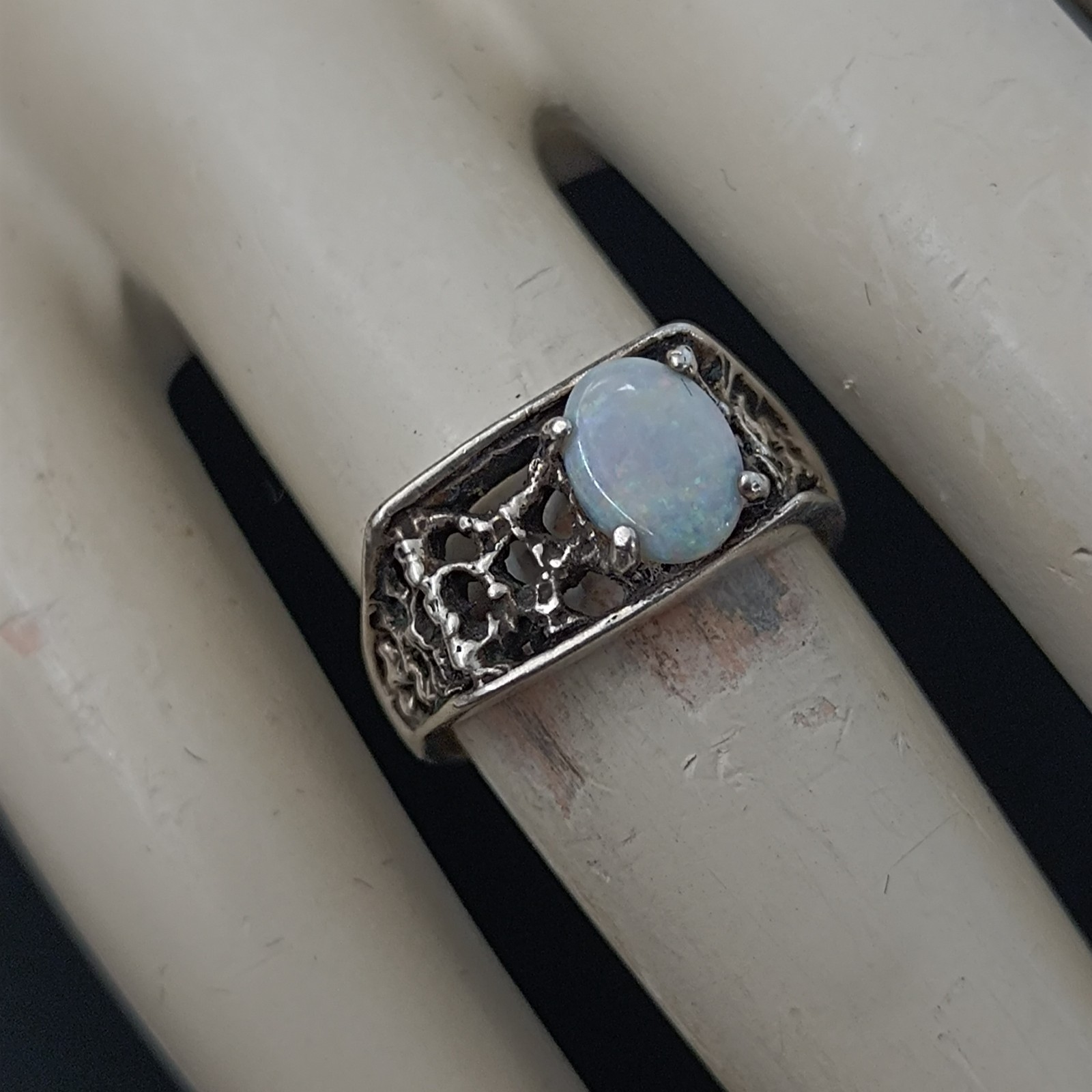 Vintage Opal Ring Silver Brutalist Modernist Israeli Men’s Pinky Women Abstract
