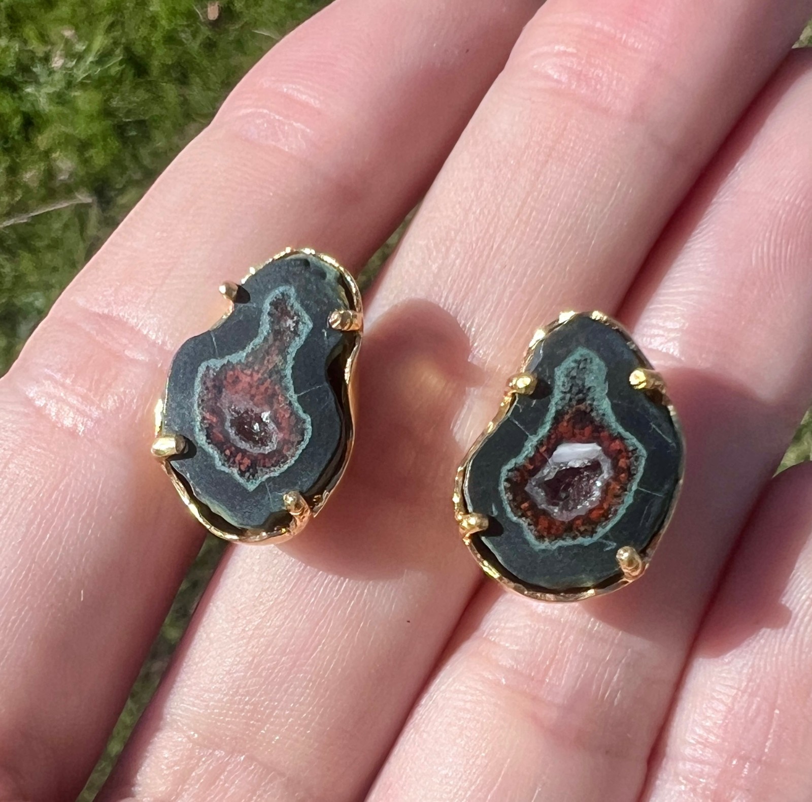 Mexican Tabasco Dark Geode Earrings – 22K Gold Plated 925 Sterling Silver Studs