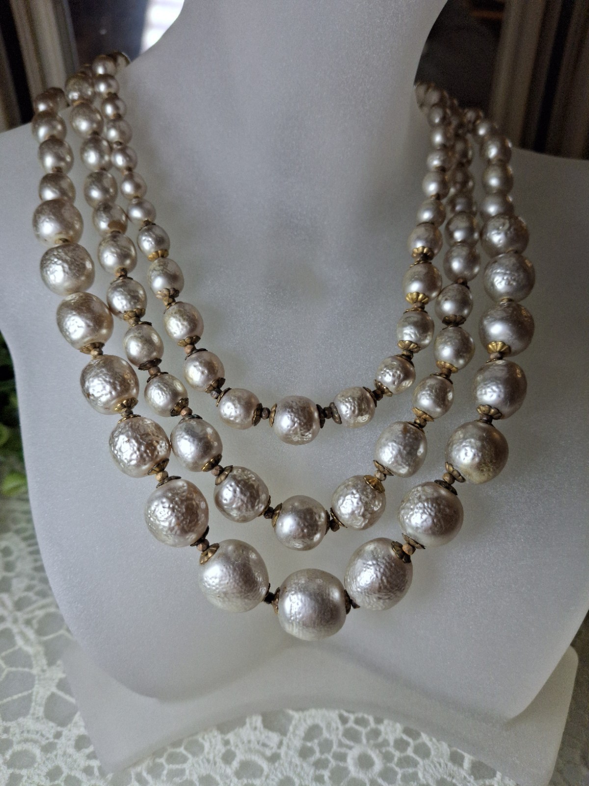 Early Signed Miriam Haskell 3 Strand Silver Niki Baroque Pearl Necklace