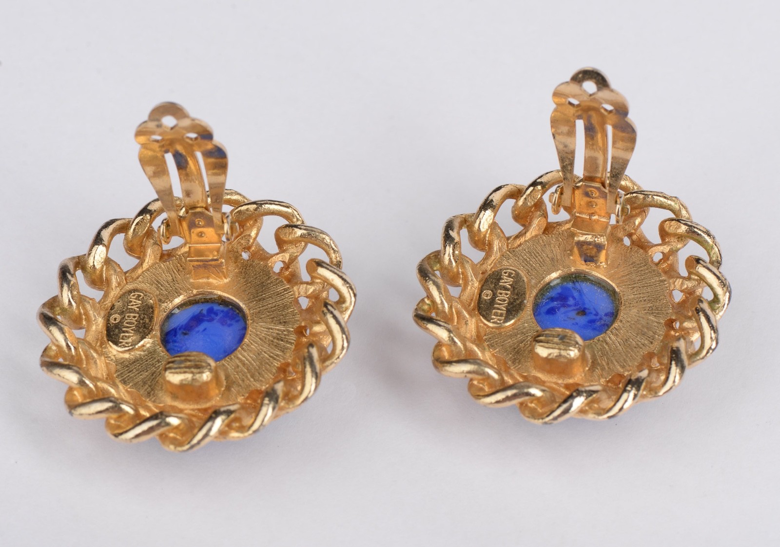 Vintage Gay Boyer Blue Cabochon Gold Tone Clip On Earrings 1.38in