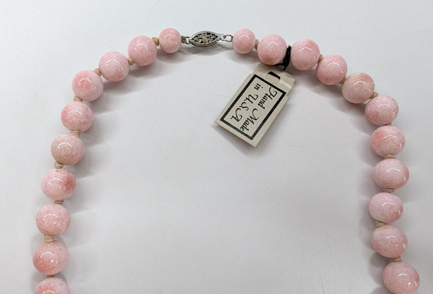 VTG Speckled Pink Handmade in USA Porcelain Stone Beaded 16″ Choker Necklace