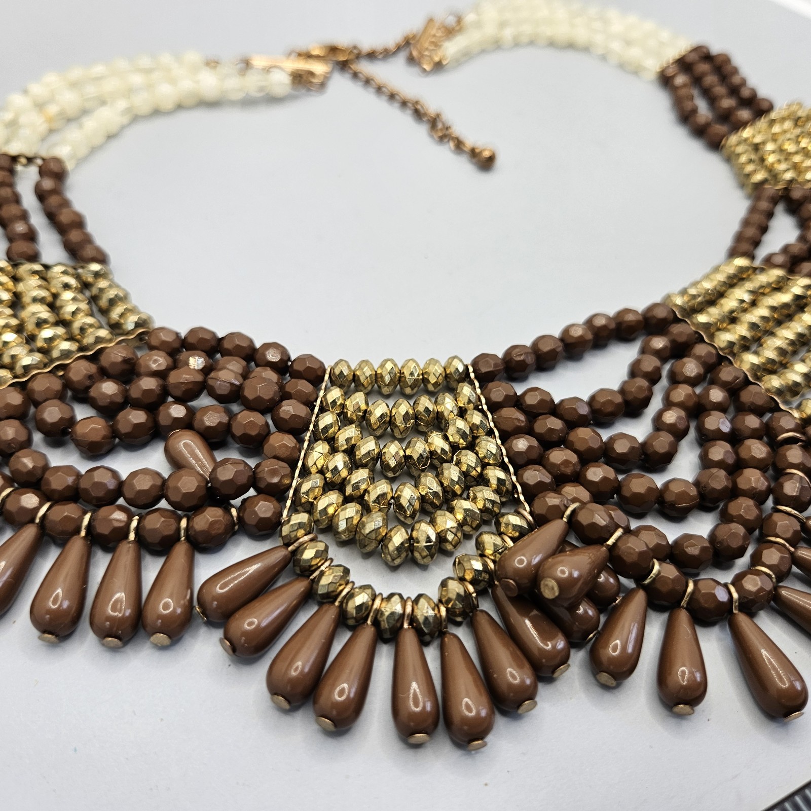 Beaded Necklace Tribal Bib Collar Statement Runway Boho Gold Tone Brown VTG 16″