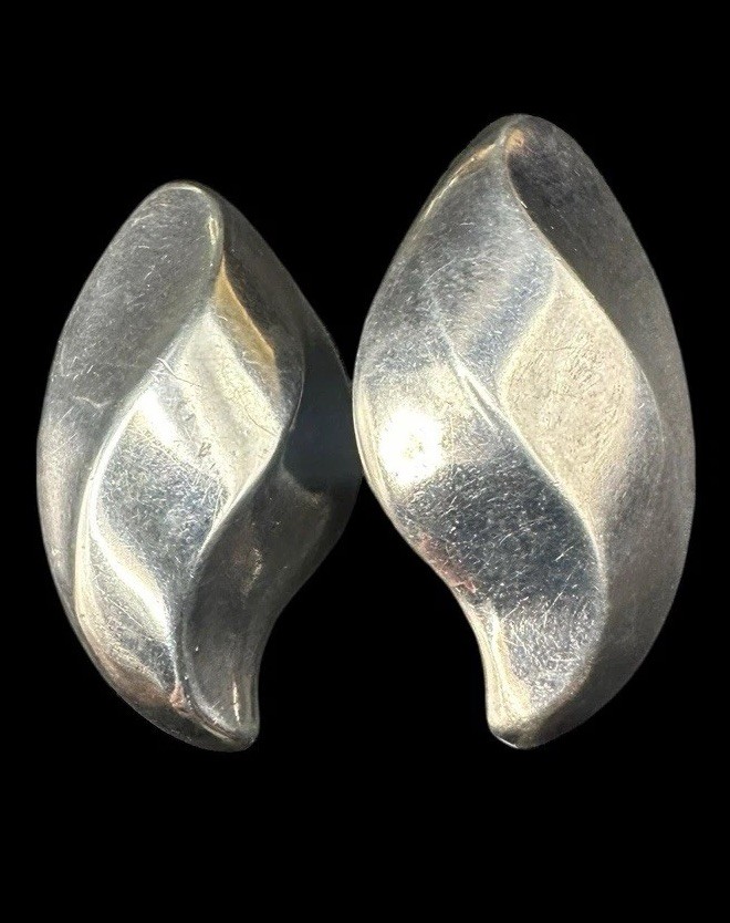 Vtg Taxco Sterling Silver Modernist Puffy Abstract Clip Earrings 18.6g TS-01 Mex
