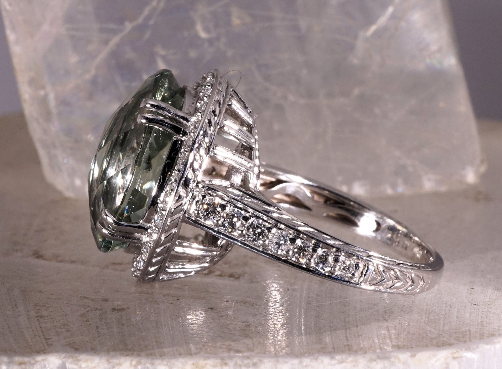 9.38ct Green Amethyst Praisiolite Cocktail Ring 14k White Gold with Diamonds