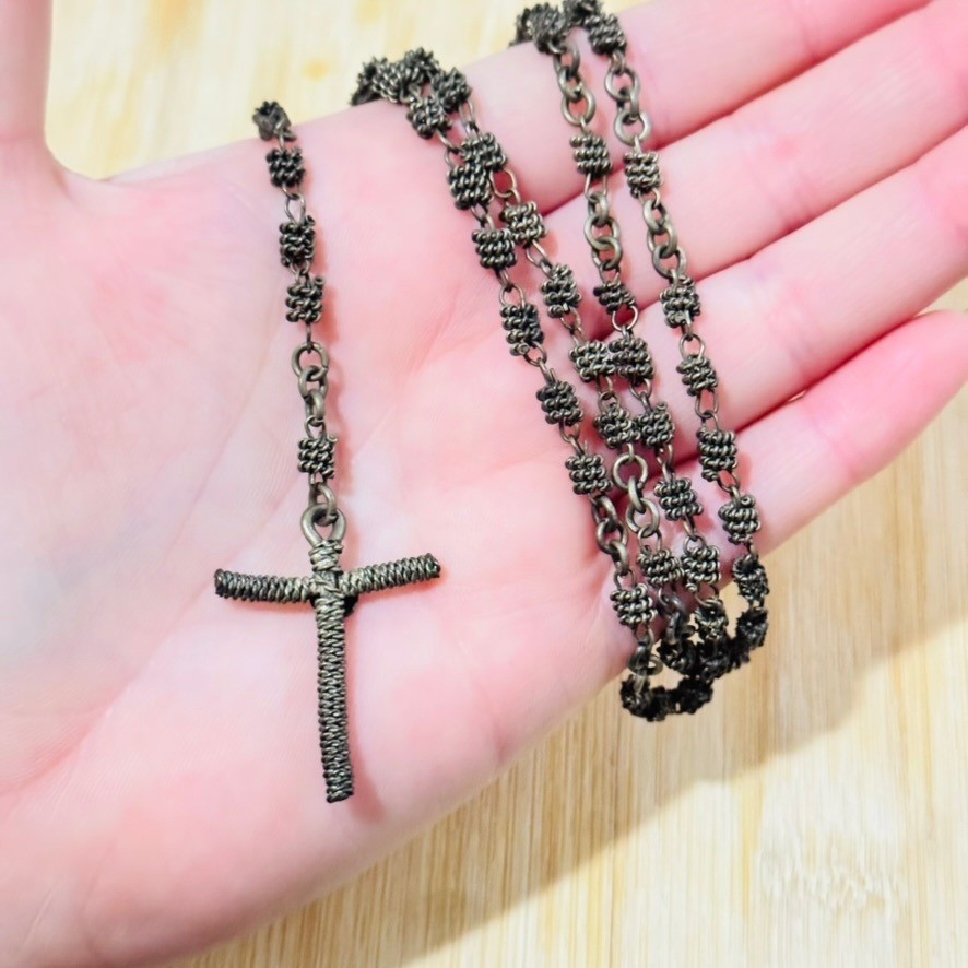 Gothic Style Rosary Necklace Devotional Rustic Chain Antiqued Wired Catholic VTG