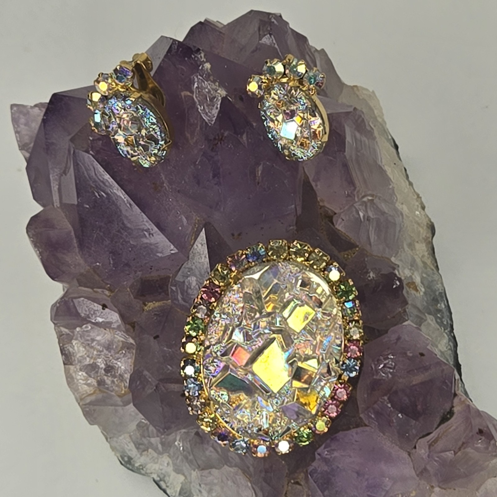 Vintage Juliana DeLizza & Elster Crystal Geode Brooch & Earrings Rare Book Piece