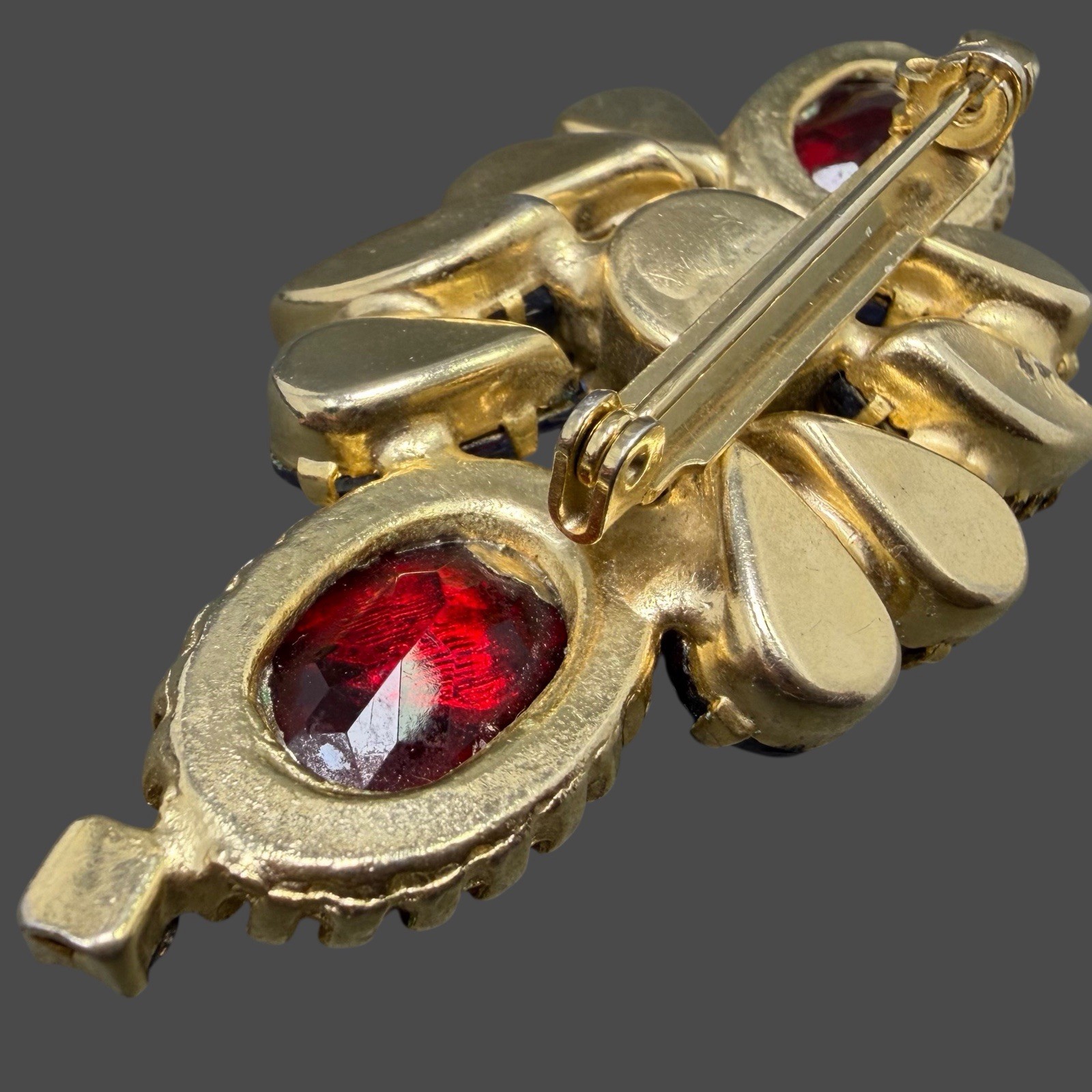 Vintage Gold Tone Red Cab Purple Pink Rhinestone Floral Linear Bar Brooch