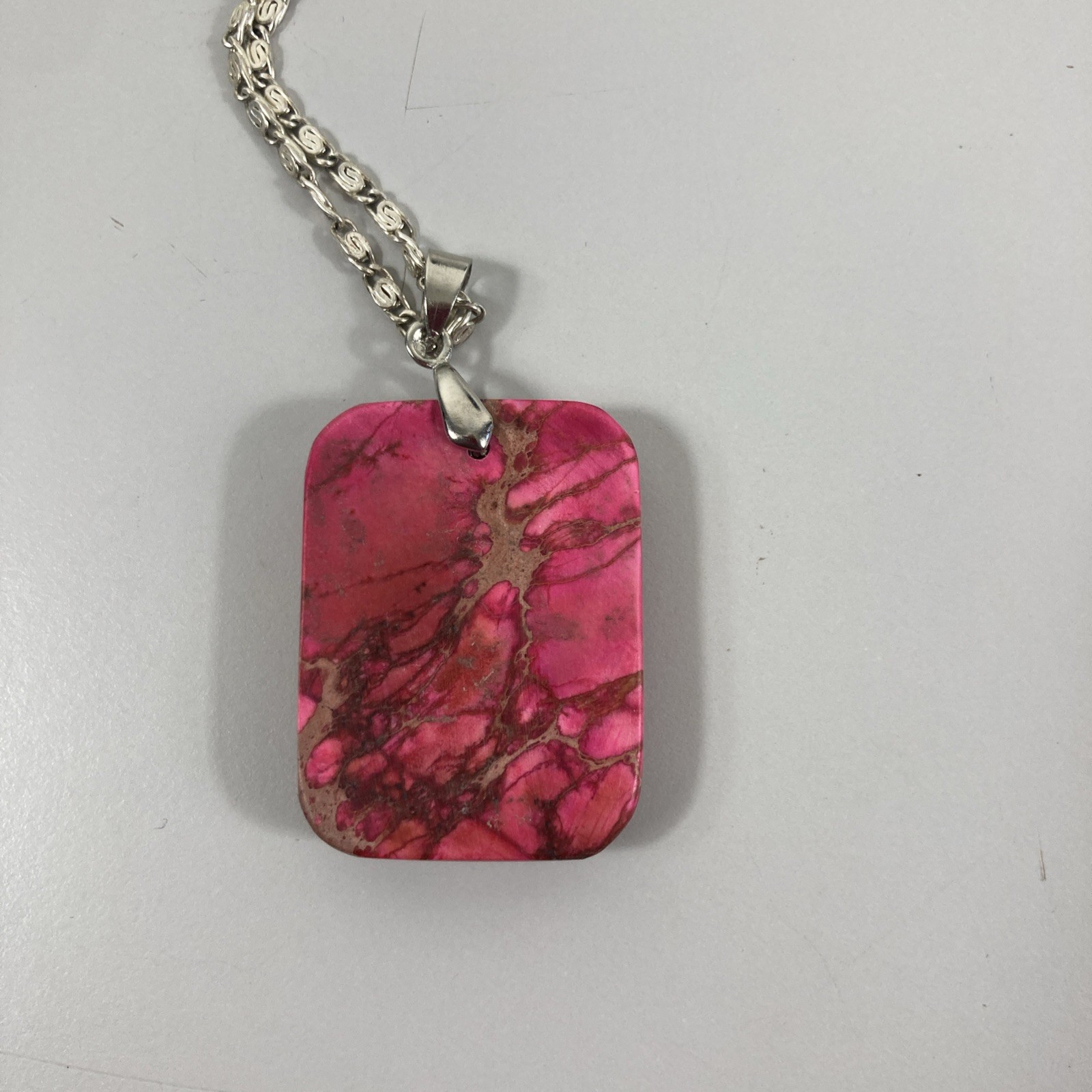 Polished Pink Stone Pendant 2.5″ Rounded Rectangle 19″ Silvertone Chain Necklace