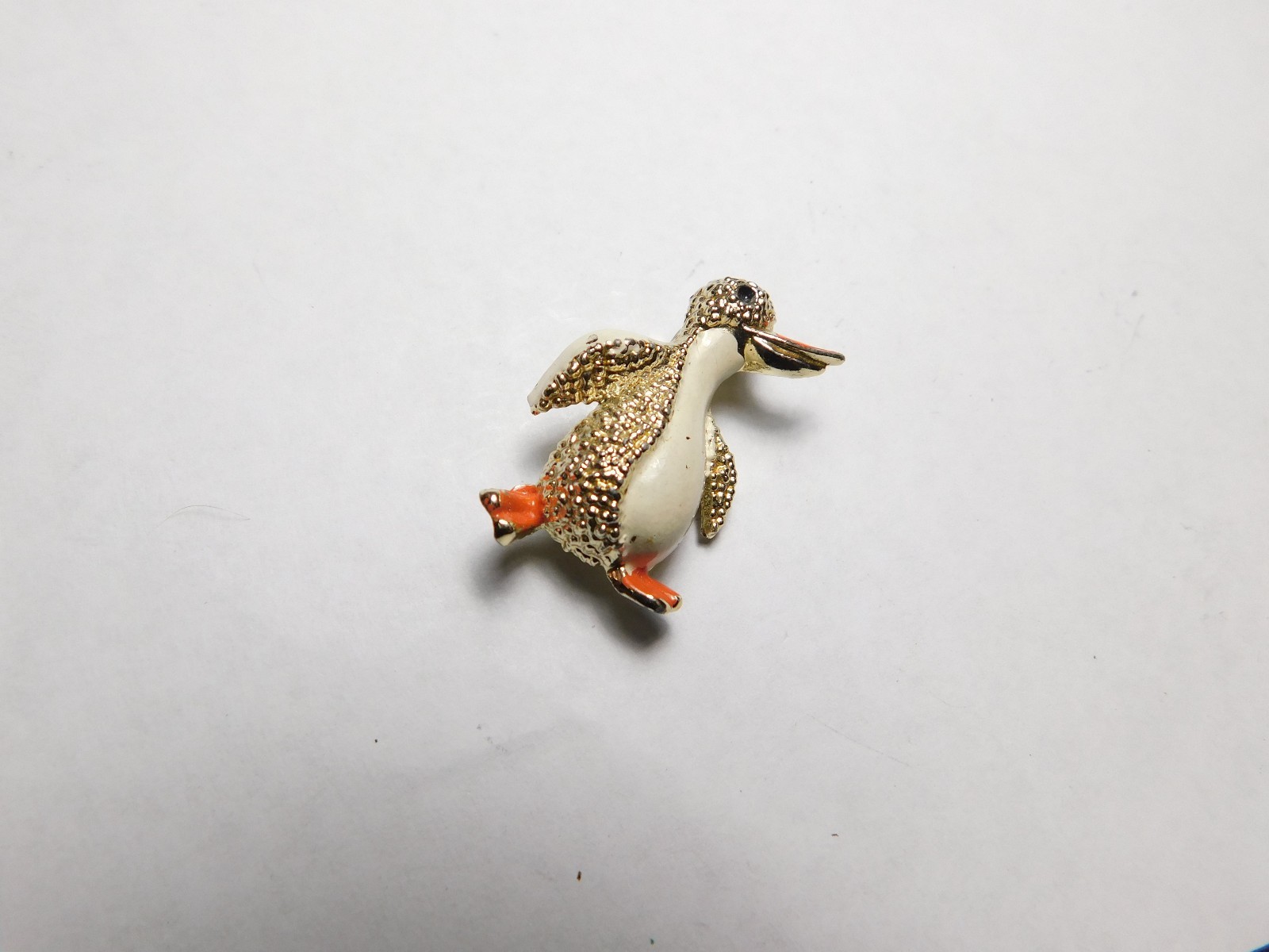 Unique Cream Orange Enamel Penguin Textured Gold Tone Figural Brooch Vintage