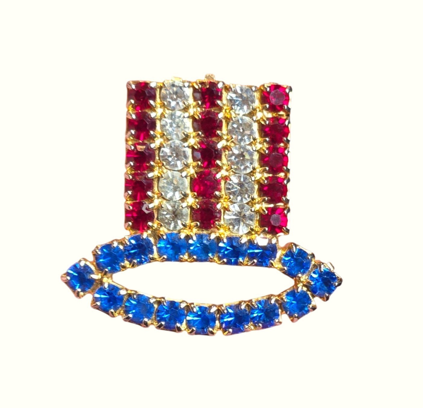 VTG Uncle Sam Hat Patriotic Brooch Red White Blue Glass Rhinestones Jewelry USA