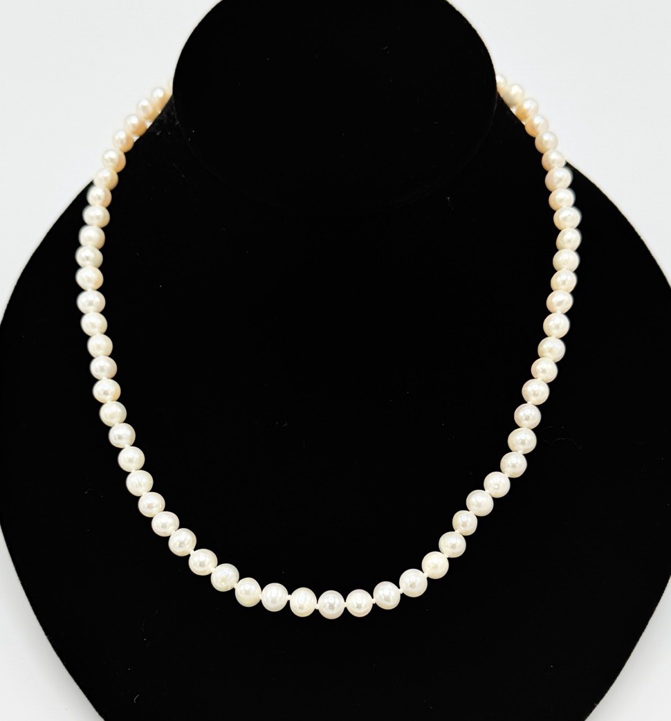 Vintage Cultured Pearl Strand Necklace White Knotted Fishhook Clasp