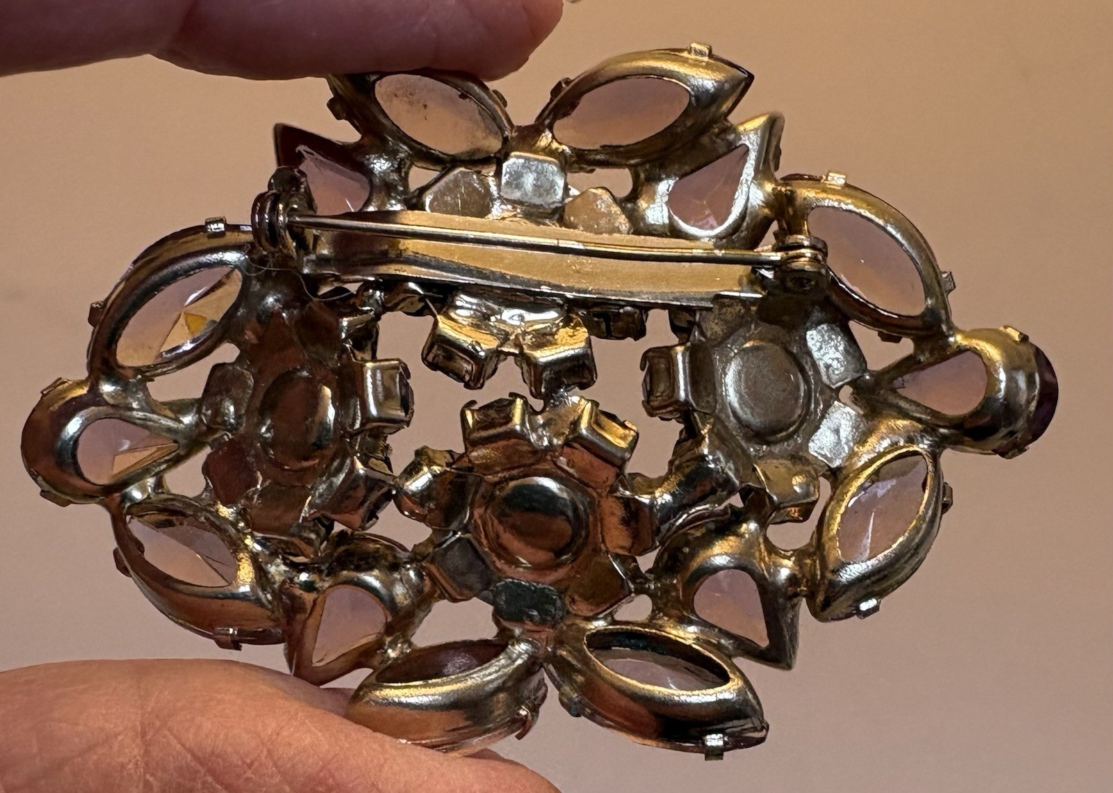 Vintage Smoky Lavendar AB Rhinestone Brooch Open Back Prong Set Cluster unsigned